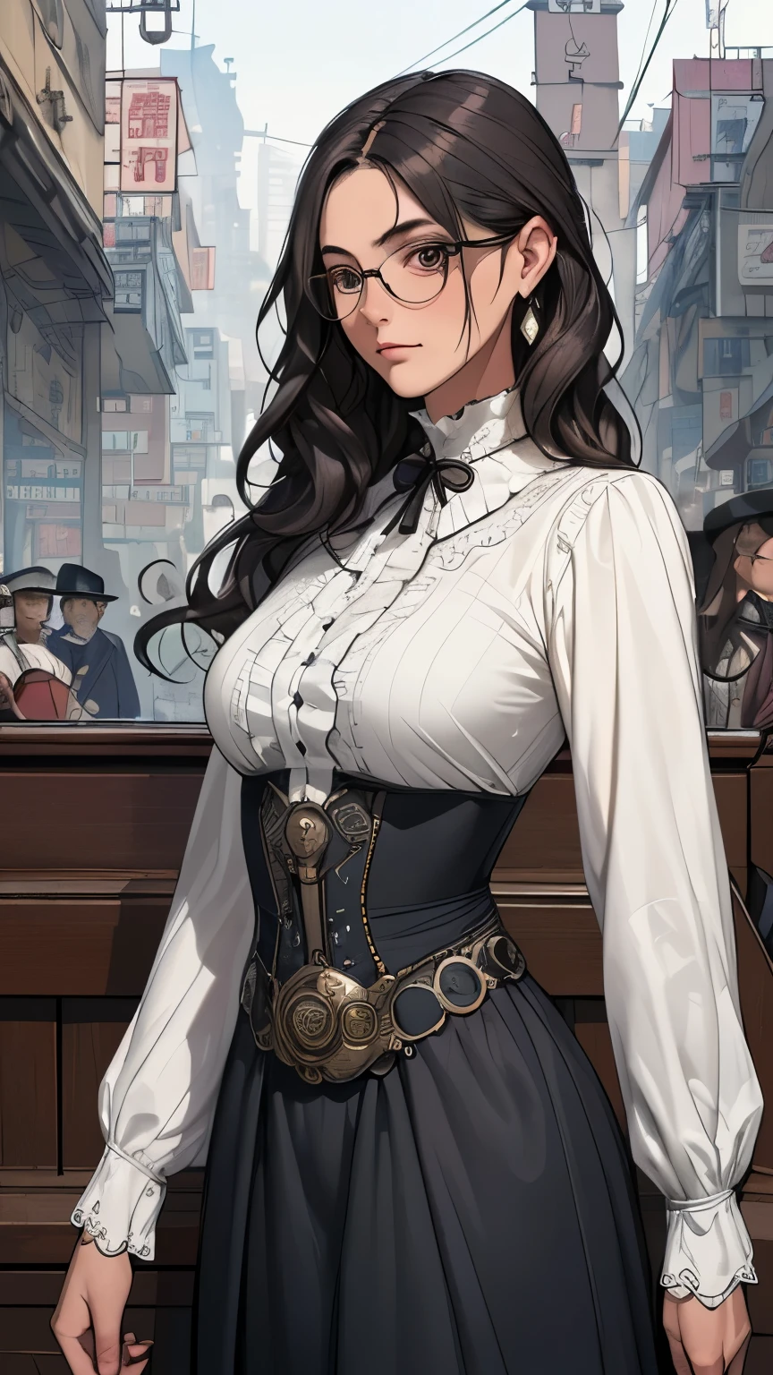 (masterpiece:1.3), (disorganized:1.3), (highest quality:1.3),(perfect anatomy:1.5),perfect finger,(detailed face), solo,1 middle age woman around 55 years old,(Steam Punk), (Victorian era),Old Hong kong,(Kowloon area),horizontal angle,((looking at viewer:1.3)), (Super detailed:1.3),(best shadow:0.7),(small breasts),((wavy hair:1.1)),baby bangs,fine eyes, beautiful eyes, 1 mature woman, ((saggy small breasts)),((muscular)),dark skin,alone, standing, crystal earrings,closed_mouth, arm_behind_return,(gothic dress),glasses,white shirt,long skirt,rest outdoors, intimidating pose,cowboy shot