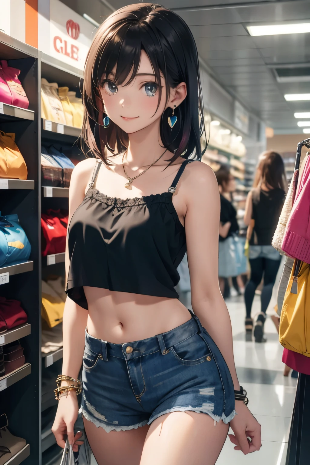 ,,camisole,collarbone,flat chest,smile,navel,groin,denim shorts,loose clothes,shirt pull,shorts pull,A fashionable female ,dressed in a casual yet stylish outfit,browsed the racks of clothes at the department store. She hummed a tune to herself as she examined the various accessories and small items on display. Her outfit consisted of a pair of ripped denim shorts paired with a loose, camisole and a pair of sneakers. She accessorized with a small, silver bracelet on her wrist. As she shopped, the girl couldn't help but be drawn to the various colorful and glittering items in the store. She picked up a pair of cute, heart-shaped earrings and a matching necklace,admiring them in the bright, fluorescent lighting