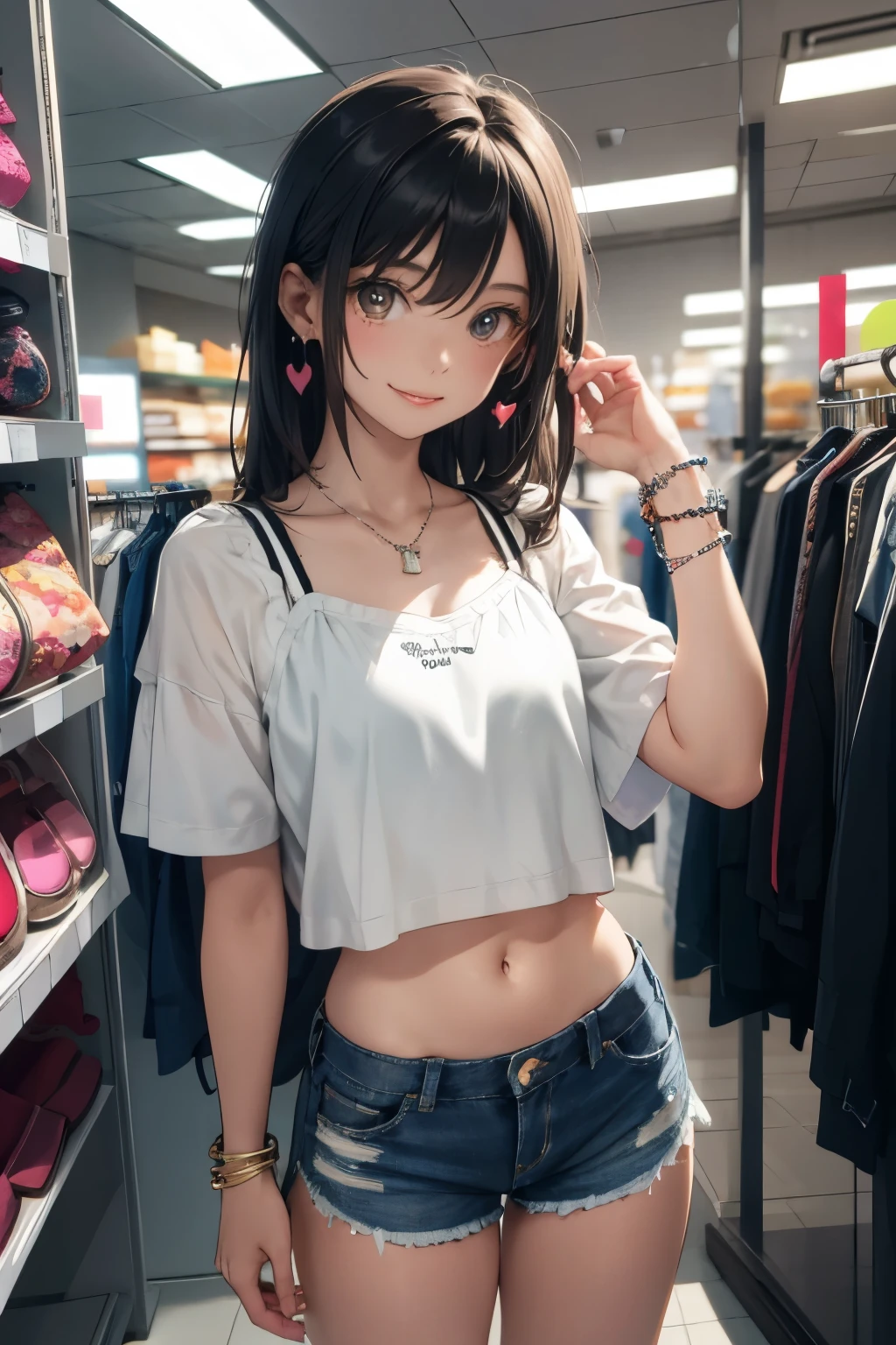 (masterpeace, high quality), 1girl, ite, budding breast, (print panties), print t-shirt, long hair, changing clothes, in a clothing store, smile, wide angle, low angle, vibrant colors, soft light