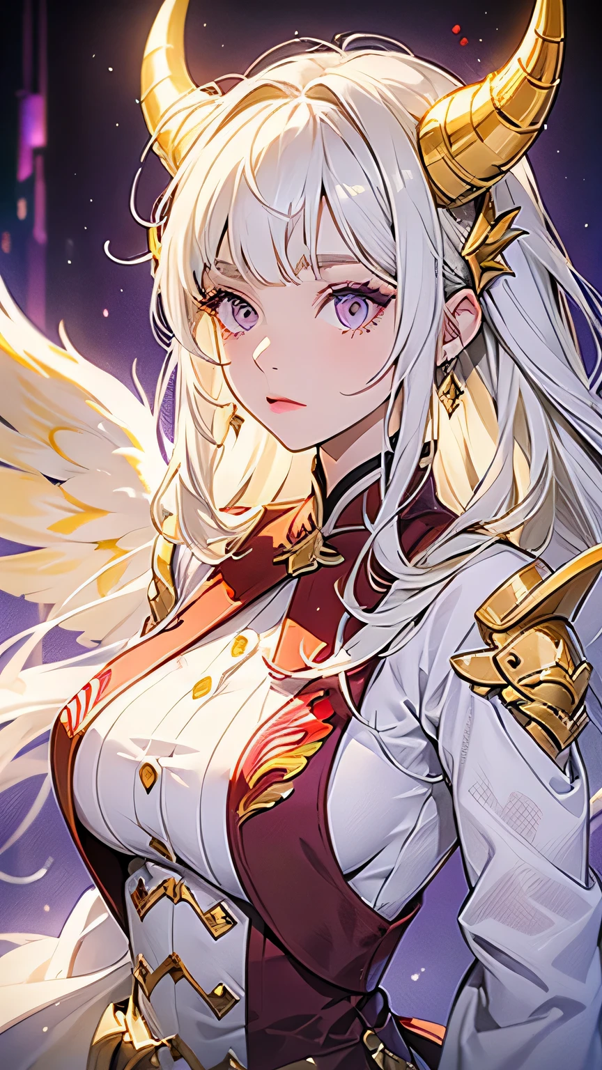 white hair, ((light yellow horns)), ((purple clothes)), ((red wings)), female,