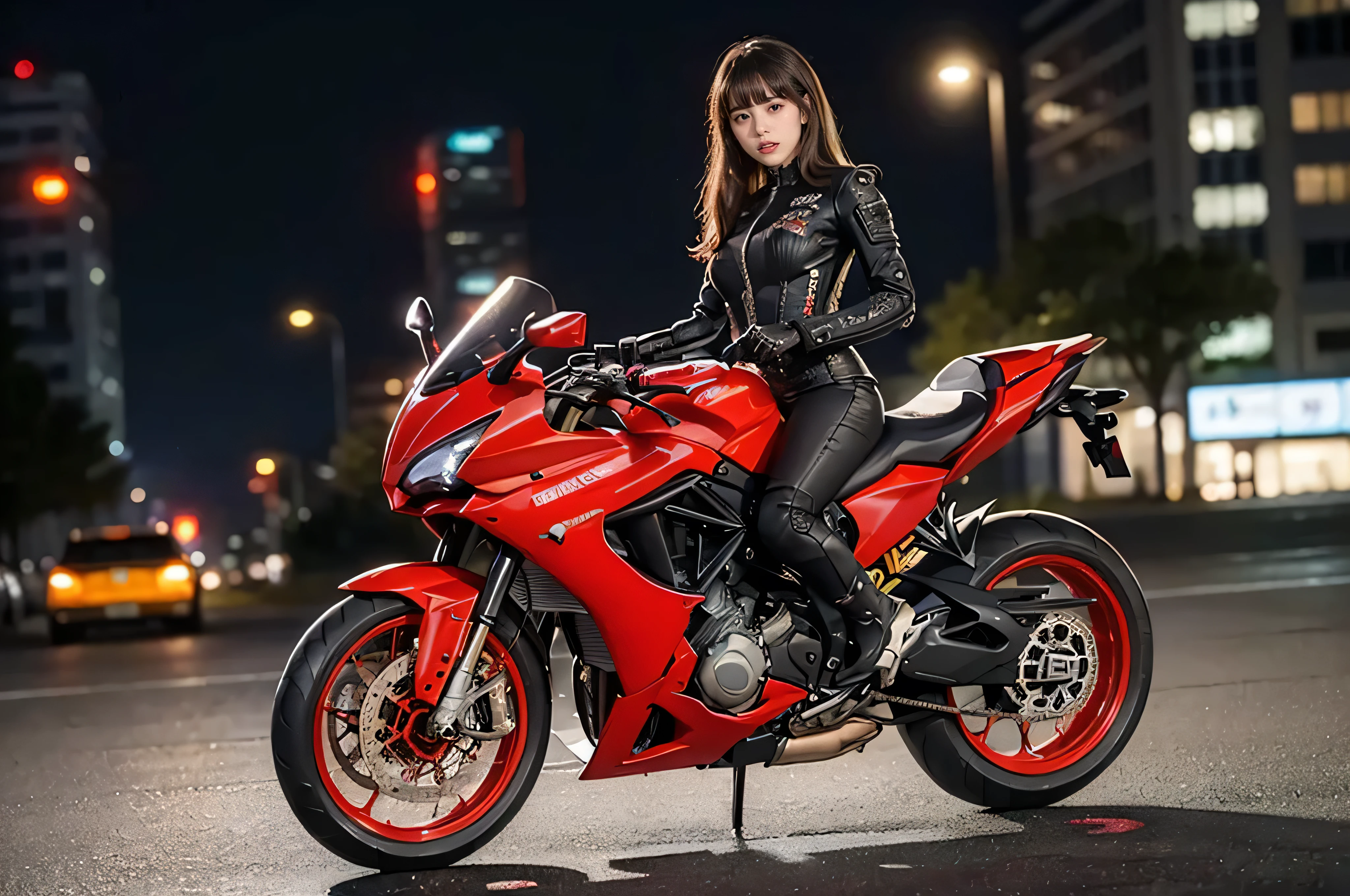 (RAW quality:1.4), masterpiece, highest quality, High resolution, dark_Fantasy, cyber punk, (Sword Weapons,red:1.1),1 person, Japanese women, , mechanical,Robotic presence,Cybernetic Guardian, darkness, Night city background, at night, cyber punk mecha humanoid black and red is riding a futuristic Ducati Panigale V4 race motorcycle on a mountain road at night, Realistic Style, Inspired by Blade Runner, Dark and dramatic lighting, Red and Black Theme, Central curve composition, Rear view. (An ultra-fine masterpiece:1.5), (beautifuly intricate:1.5), (highest quality:1.5), (beautiful + beautiful + Harmonious:1.5), (Highly detailed face, Ultra-detailed eyes, Highly detailed mouth, Super-detailed body, Very fine needles, Very elaborate clothing, Ultra-detailed landscapes:1.5), (Sharpen details:1.2), Blurred Background, Shallow subject depth,