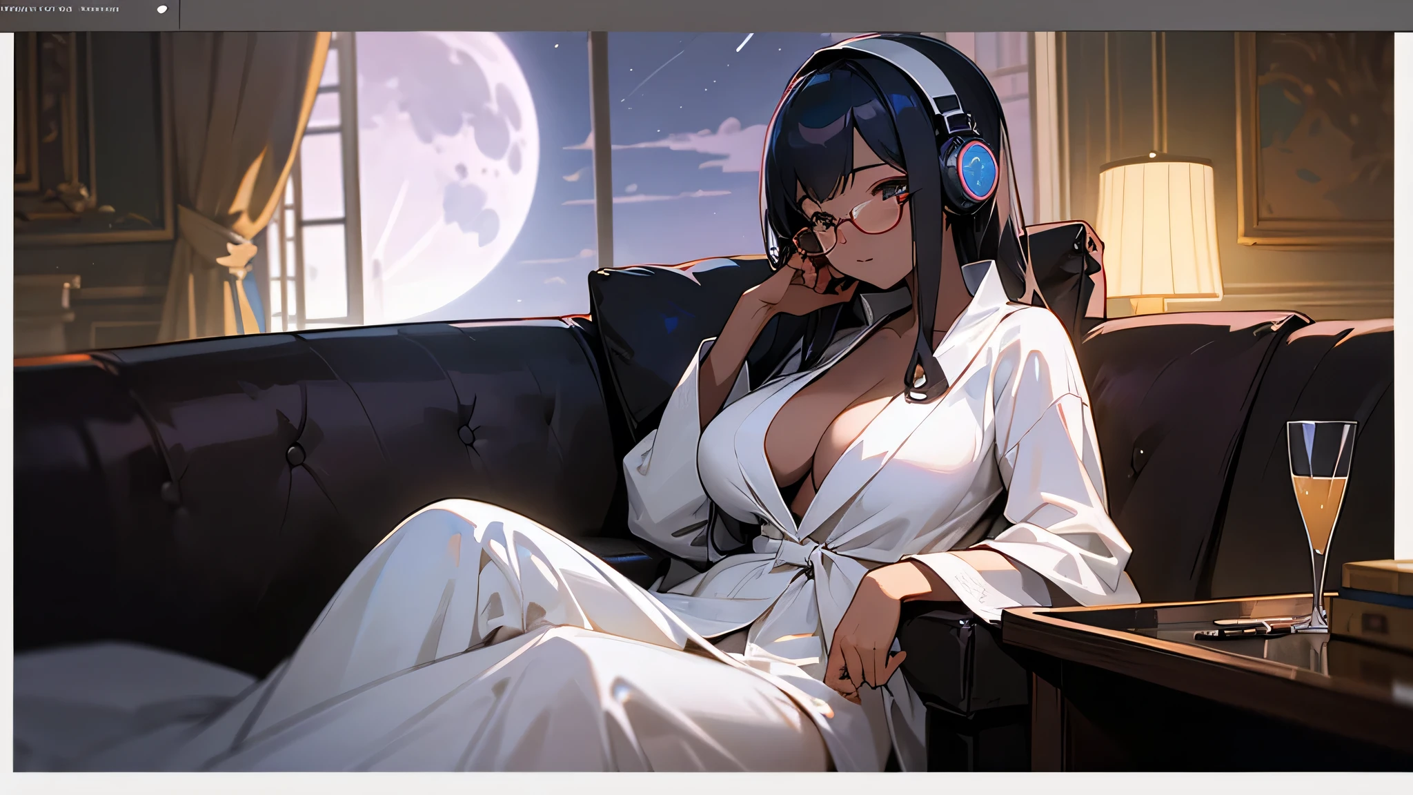 A woman wearing a bathrobe and headphones is sitting on a sofa、A beautiful night view behind、Big Breasts、sexy、Room with a night view、Moonlight、Unbuttoned、Downlight、full moon、Stylish room with fireplace、Black-rimmed glasses