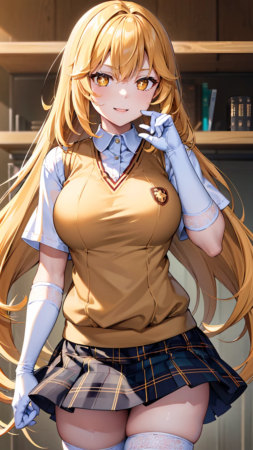masterpiece, best quality, highres, hmmisaki, long hair, symbol-shaped pupils, +_+, large breasts, tokiwadai , sweater vest, short sleeves, white gloves, elbow gloves, pleated skirt, white thighhighs, smile, open mouth, leaning forward, indoors(Large Breasts:1.6) (Thighs:1.3) (Student uniform、Very short mini skirt、Tight clothing、White underwear) On the bed (Wet clothes:1.3) (Clothes stick:1.3) (See-through underwear:1.3) (Large Breasts:1.1) (Thighs:1.1) Big Ass Beautiful legs White tights