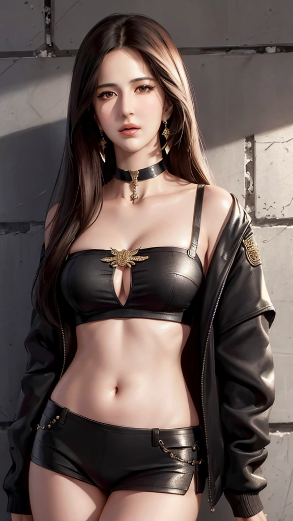 (masterpiece, best quality, (Katrina Kaif), solo, intricate details, chromatic aberration), realistic, ((medium breath)),long hair, Black hair, black head ornament, brown highlights, hair over one eye, black eyes, earrings, sharp eyes, choker, neon shirt, open jacket, crop top, (symmetry eyes),(perfect symmetrical body),against wall, brick wall, graffiti, dim lighting, alley ,look at viewer