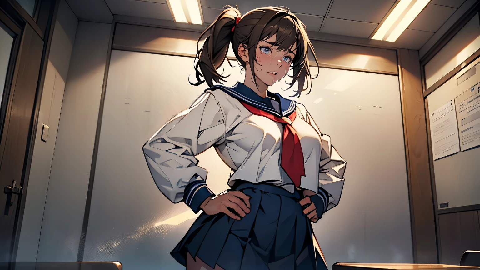 (Highly detailed CG Unity 8k wallpaper), (Masterpiece), (Highest quality), (Super detailed), (Best illustration), (Best shadow), (Absurd), 15 years old, Embarrassing, Sweat, Steam, Staring, a high school girl with a long pigtail hairstyle, brown hair, sailor suit, navy blue skirt, upturned eyes, glowing fluorescent lights, and a full-length portrait is seen standing in a high school classroom.