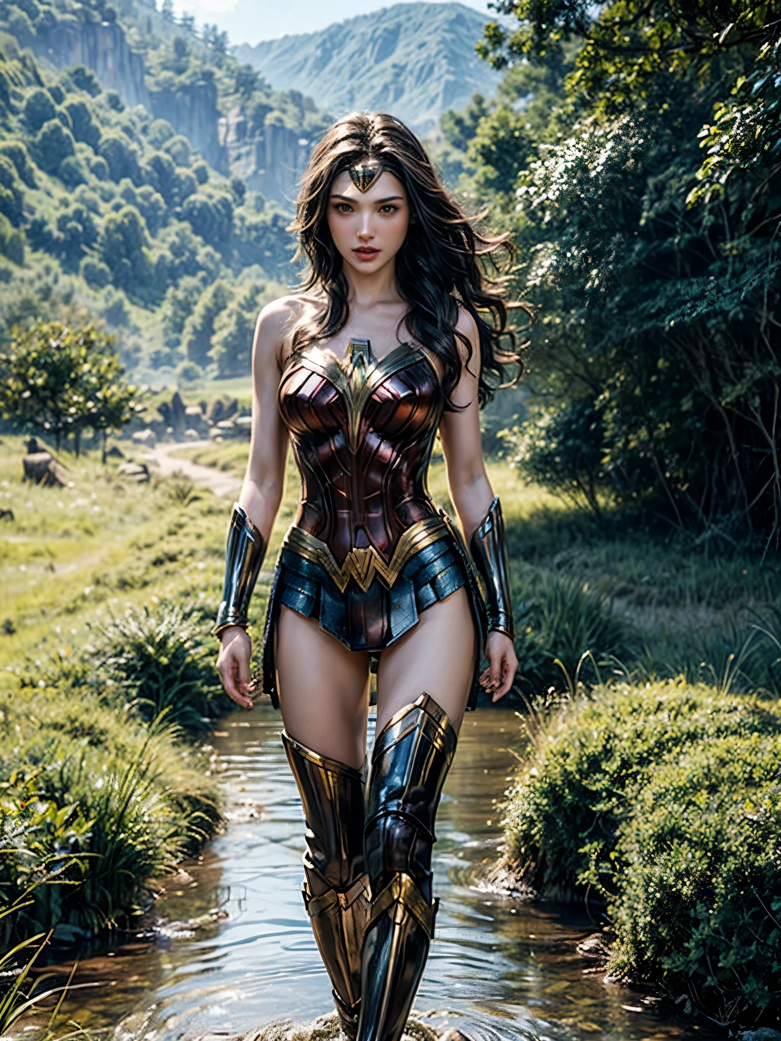 Gal Gadot, She breast size is M cup, full body, she very sexy, she have perfect body, she so beautifully,She have good eyes,She is full of charm, her poses are beautiful, close up,(((Woder Woman outfit))), Wonder Woman 
from DC Comics,8k,correct face,beautiful face,A beautiful sight,sparkling eyes,((Half body photograph)), ((close up)) (portrait)) bust,In the middle of nature,The sun shines,green field,mountain,forest,stream