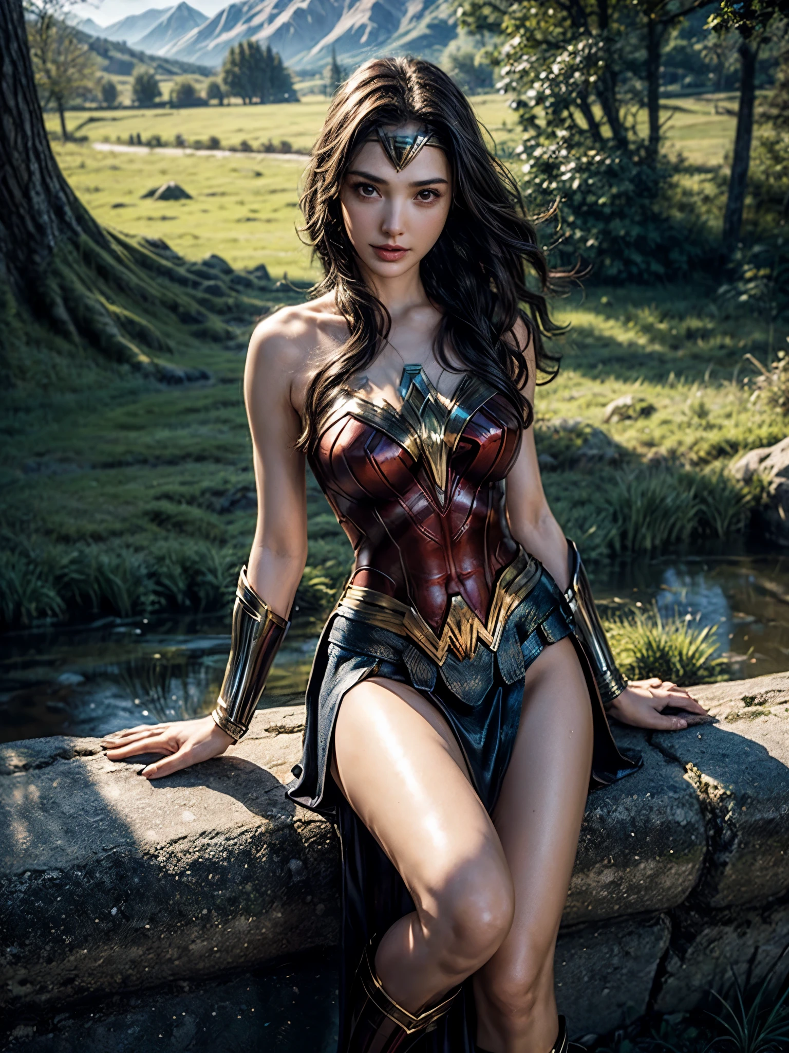 Gal Gadot, She breast size is M cup, full body, she very sexy, she have perfect body, she so beautifully,She have good eyes,She is full of charm, her poses are beautiful, close up,(((Woder Woman outfit))), Wonder Woman 
from DC Comics,8k,correct face,beautiful face,A beautiful sight,sparkling eyes,((Half body photograph)), ((close up)) (portrait)) bust,In the middle of nature,The sun shines,green field,mountain,forest,stream