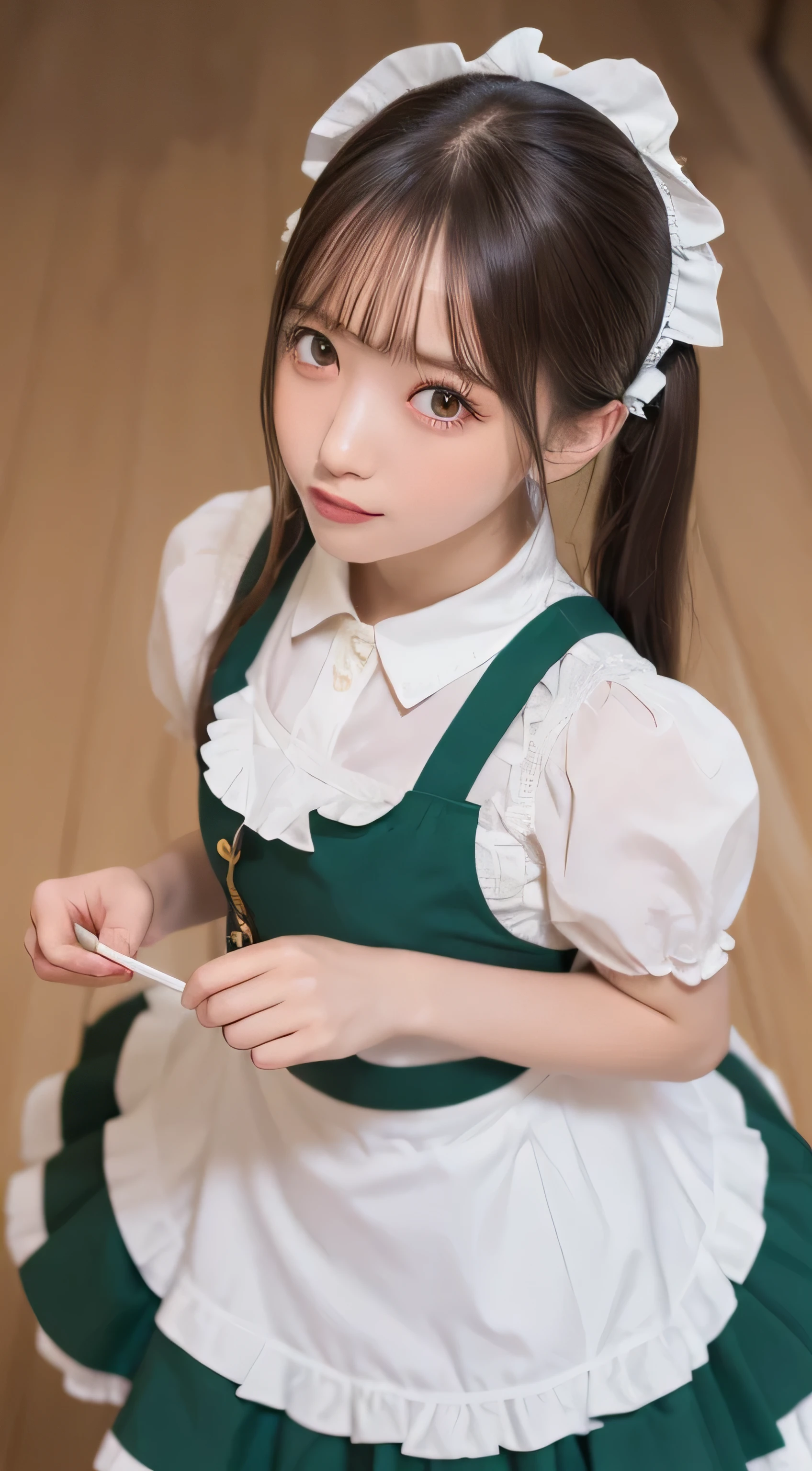 Tabletop, highest quality, shape, Very detailed, In detail, High resolution, 8k wallpaper, Perfect dynamic composition, ((close:1.3, From above, View your audience)), Beautiful details , (Wearing cotton maid clothes, , Cute Ruffle Girl Dress, Maid's headband, The base color is white、black、green),Twin tails