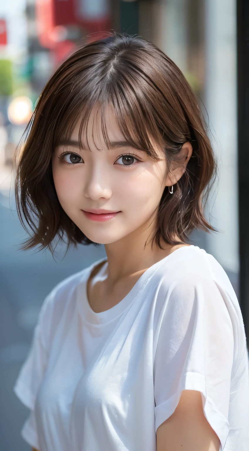 (highest quality,8K quality,masterpiece:1.3,),(超A high resolution:1.3,Photorealistic:1.4,Raw photo:1.2),(Ultra-detailed:1.2,Glowing Skin,Detailed skin:1.1),(Detailed face,Perfect Anatomy,Caustics:1.2), (Symmetrical eyes:1.3),1 girl,cute,Japanese,22 years old,Japanese Ido,Natural brown hair,Short hair curled outwards,cute目,Natural Makeup,Oversized T-shirt,Laughter,Looking at the camera,On the face,Face Focus,Street Corner,Professional Writing,Natural soft light,