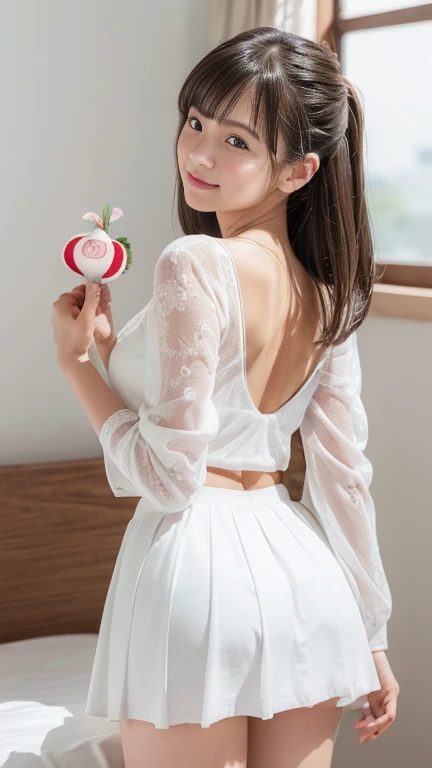 An innocent 、((White shirt、No sleeve、White Micro Mini Skirt、Cute and elegant、whole body、Thighs)),、(look back)、(Beautiful belly button、thin)、Long Hair、RAW Photos, (8k、highest quality、masterpiece:1.2)、(Intricate details:1.4)、(Realistic:1.4)、Octane Rendering、Complex 3D rendering with ultra-detail, Studio Soft Light, Rim Light, Sharp details, Super Detail, Realistic skin texture, detailed aspects, Beautiful details in the eyes, Highly detailed CG Unity 16k wallpaper, Compensate, (Detailed Background:1.2), Glowing Skin, A shy smile、Thighsを露出して、White high heels、Bright lighting、Just got out of the bath、((Sleep on your back))、Raise your arms、Emphasized cleavage、((((Ride on the radish、細いRide on the radish、Holding radish in hand))))