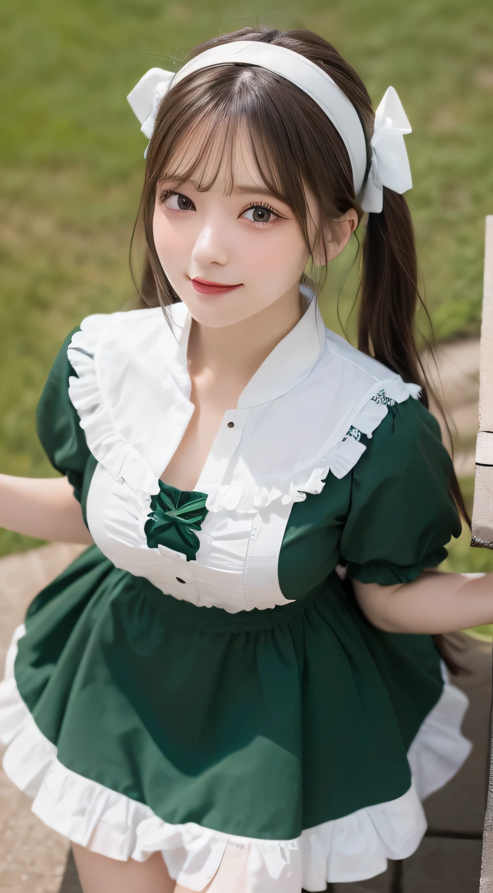 Tabletop, highest quality, shape, Very detailed, In detail, High resolution, 8k wallpaper, Perfect dynamic composition, ((close:1.3, From above, View your audience)), Beautiful details , (Wearing cotton maid clothes, , Cute Ruffle Girl Dress, Maid's headband, The base color is white、black、green),Twin tails