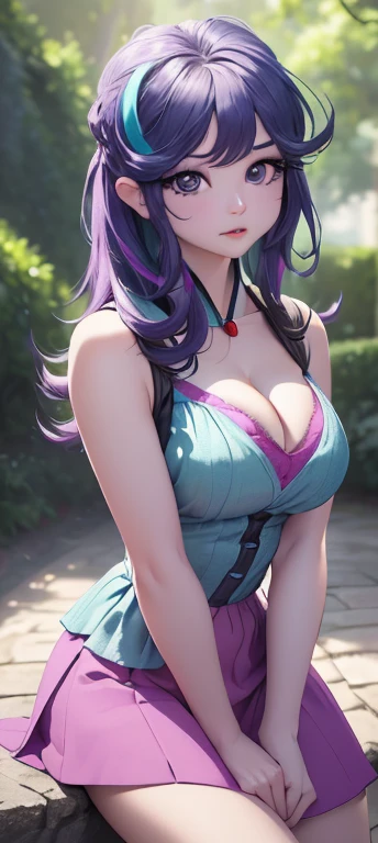 (best quality,4K,8k,high resolution,masterpiece:1.2),Super detailed,(Practical,photoPractical,photo-Practical:1.37),Character Starlight,Short skirt,whole body,Take a seat,Beautiful and delicate eyes,Beautiful and delicate lips,Extremely detailed eyes and face,Long eyelashes,portrait,Bright colors,soft light,Bokeh(Large Breasts、(((Cleavage))) photography, 8k, HDR, high resolution, absurd:1.2, 柯達portrait 400, Film Grain, Blurred background, Bokeh:1.2, lens flare, (Full of energy_color:1.2),专业photography师