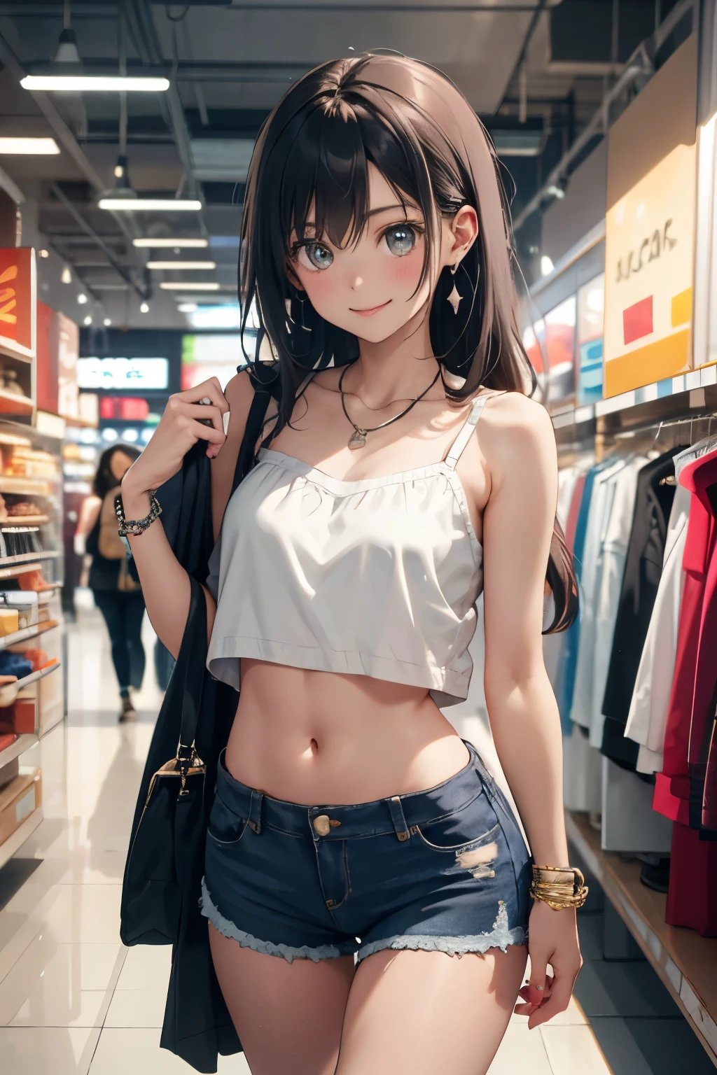 ,,camisole,collarbone,flat chest,smile,navel,groin,denim shorts,loose clothes,shirt pull,shorts pull,A fashionable female ,dressed in a casual yet stylish outfit,browsed the racks of clothes at the department store. She hummed a tune to herself as she examined the various accessories and small items on display. Her outfit consisted of a pair of ripped denim shorts paired with a loose, camisole and a pair of sneakers. She accessorized with a small, silver bracelet on her wrist. As she shopped, the girl couldn't help but be drawn to the various colorful and glittering items in the store. She picked up a pair of cute, heart-shaped earrings and a matching necklace,admiring them in the bright, fluorescent lighting