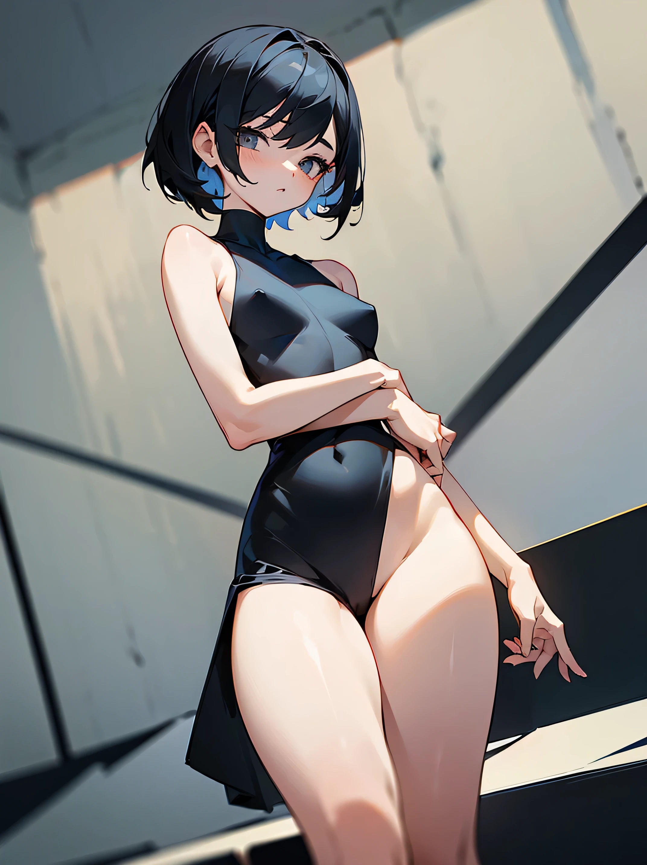(1girl: short hair, black hair, small breasts, wide hips, (black sleeveless dress, naked thighs, naked hips)), (masterpiece, best quality:1.331)