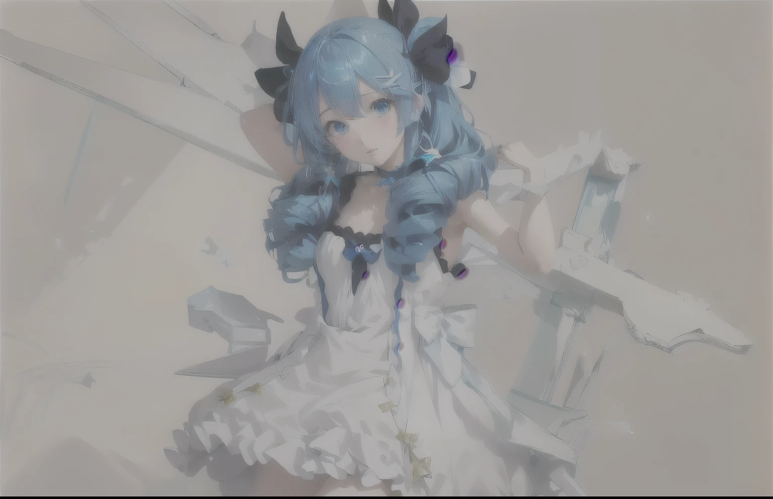 Chica anime con cabello azul y bincha azul con un vestido blanco., arte digital en pixiv, herramienta de pintura sai!! blue, ganador del concurso pixiv, pixiv, hecho con estudio de pintor anime, Pixiv 3DCG, miku, estilo pixiv, Arte Zerochan, estilo anime 2d, mejor valorados en pixiv, cirno, en pixiv,detalla la tijera el color,satura la imagen,mejora la imagen