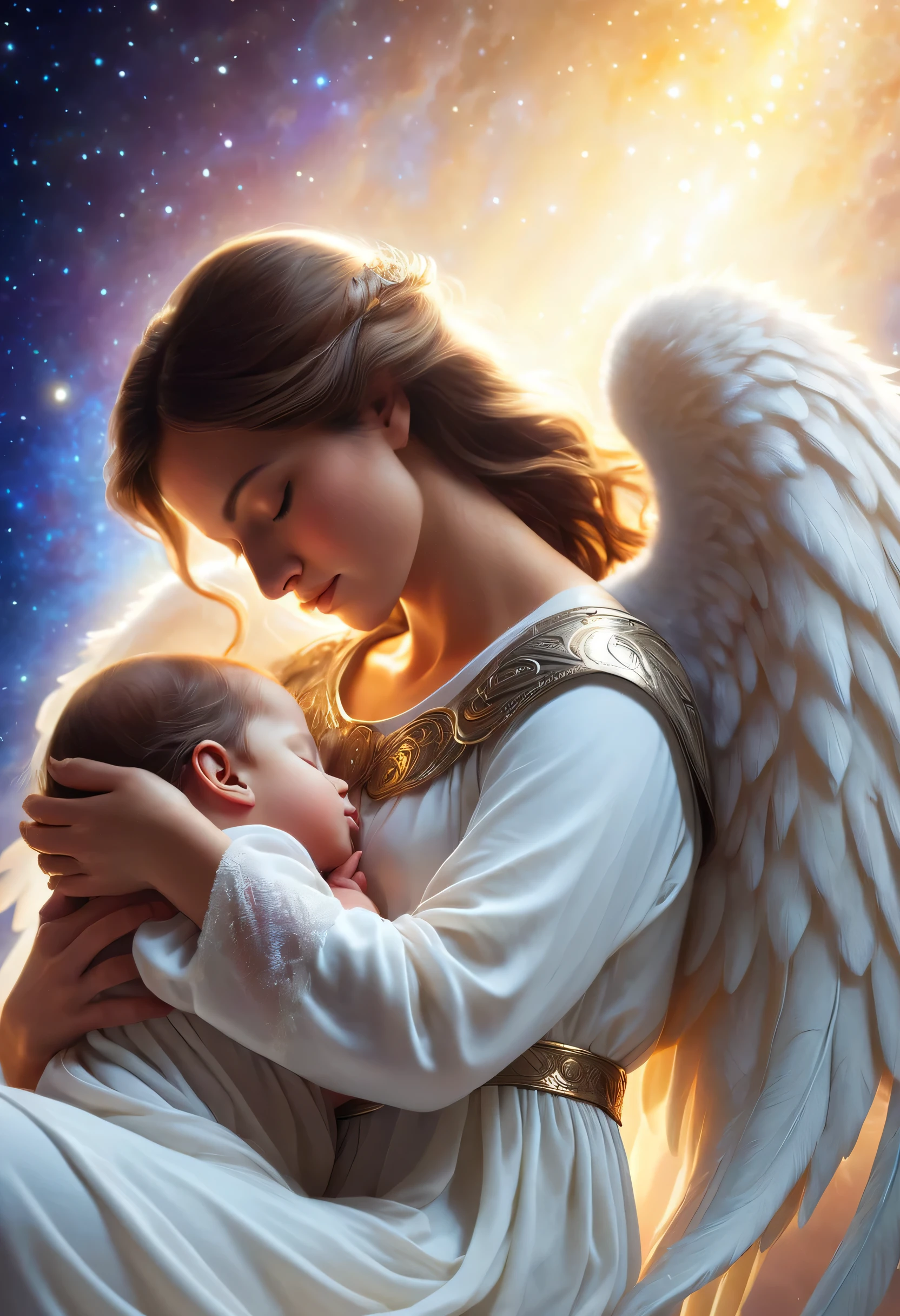 (best quality,4k,highres),mother and  sleeping,angel protector,peaceful atmosphere,soft lighting,tender bond,serene,watchful eyes,sleeping innocence,motherly love,angelic wings,lullaby in the air,blissful dreams,calm and soothing,angelic presence,guardian spirit,eternal love,protective embrace,gentle touch,peaceful sleep,tranquil scene,luminous glow,ecstasy of slumber,supreme serenity,dreamlike warmth,unconditional love,cherished moments,safe and secure,heavenly protection,mother's touch,sacred connection,celestial guardian,eternal bond,inner peace,mother's love,heavenly peace,everlasting serenity