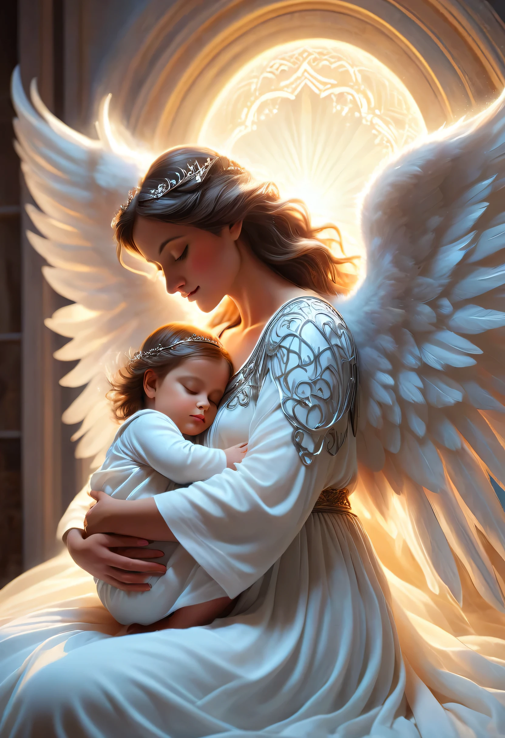 (best quality,4k,highres),mother and  sleeping,angel protector,peaceful atmosphere,soft lighting,tender bond,serene,watchful eyes,sleeping innocence,motherly love,angelic wings,lullaby in the air,blissful dreams,calm and soothing,angelic presence,guardian spirit,eternal love,protective embrace,gentle touch,peaceful sleep,tranquil scene,luminous glow,ecstasy of slumber,supreme serenity,dreamlike warmth,unconditional love,cherished moments,safe and secure,heavenly protection,mother's touch,sacred connection,celestial guardian,eternal bond,inner peace,mother's love,heavenly peace,everlasting serenity