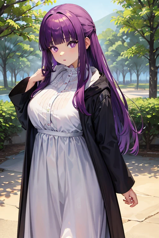 bikini, masterpiece, best quality, highres, aafern, long hair, purple hair, blunt bangs, purple eyes, large breasts, long dress, white dress, black robe, long sleeves, standing, cowboy shot, outdoors