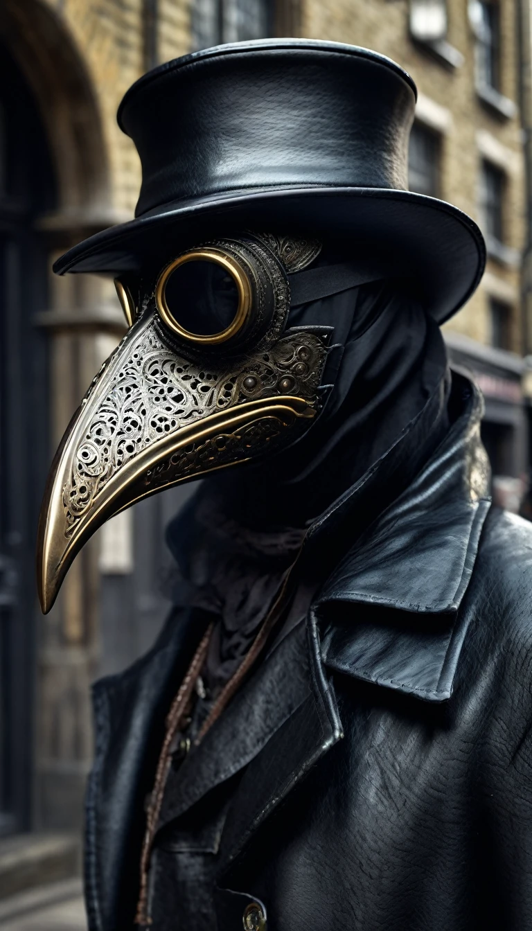 (best quality,4k,highres,masterpiece:1.2),ultra-detailed,(realistic,photorealistic,photo-realistic:1.37),intricate,victorian style,dark ambiance,HDR,plague doctor,old street of London,hyper detailed,better rendering of the plague doctor mask, leather dark mask