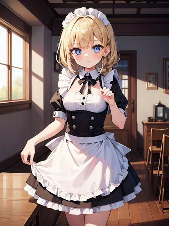 (8k, highest quality, Tabletop:1.2)、Ultra-high resolution, One ****************, Perfect Fingers, Detailed face, blue eyes, Blonde, Braid, Black maid outfit,  Inside the castle, Standing on the windowsill