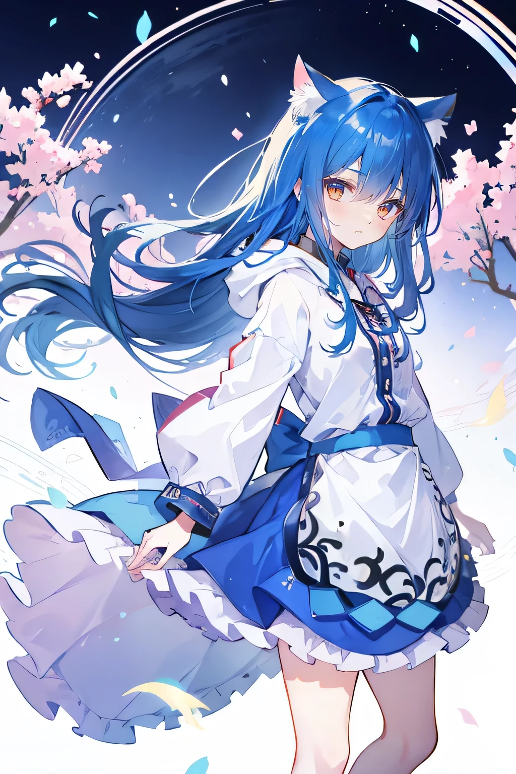 (masterpiece:1.2),Super detailed,lifelike,Expressive eyes,fair skin,perfect face shape,1 girl,
Japanese comics,Gorgeous blue hair,flowing blue hair,flowing clothes,Cat ears,Petals fall,beautiful lola,Baby Angel,
Shaking head with one hand,Cross your legs,Gentle and peaceful background,The pavilion is cool and comfortable,smile, wearing hoodie, background of tokyo,back views,snowing, winter.