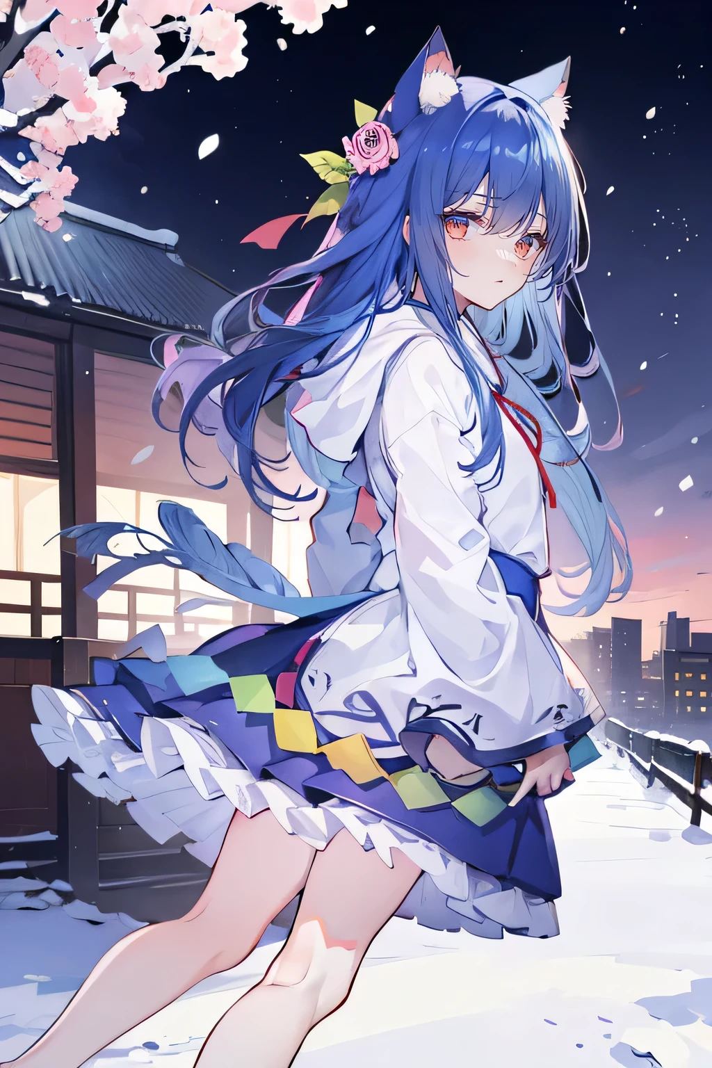 (masterpiece:1.2),Super detailed,lifelike,Expressive eyes,fair skin,perfect face shape,1 girl,
Japanese comics,Gorgeous blue hair,flowing blue hair,flowing clothes,Cat ears,Petals fall,beautiful lola,Baby Angel,
Shaking head with one hand,Cross your legs,Gentle and peaceful background,The pavilion is cool and comfortable,smile, wearing hoodie, background of tokyo,back views,snowing, winter.