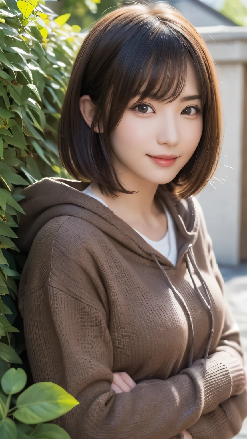 (((garden:1.3, Photographed from the front))), ((brown medium bob:1.3, great style:1.2, shy  smile:1.2, brown knit hoodie, japanese woman, cute)), (clean, natural makeup), (highest quality, masterpiece:1.3, super High resolution), (Super detailed, caustics), (realistic:1.4, RAW shooting), very detailed, High resolution, 16K resolution , big eyes