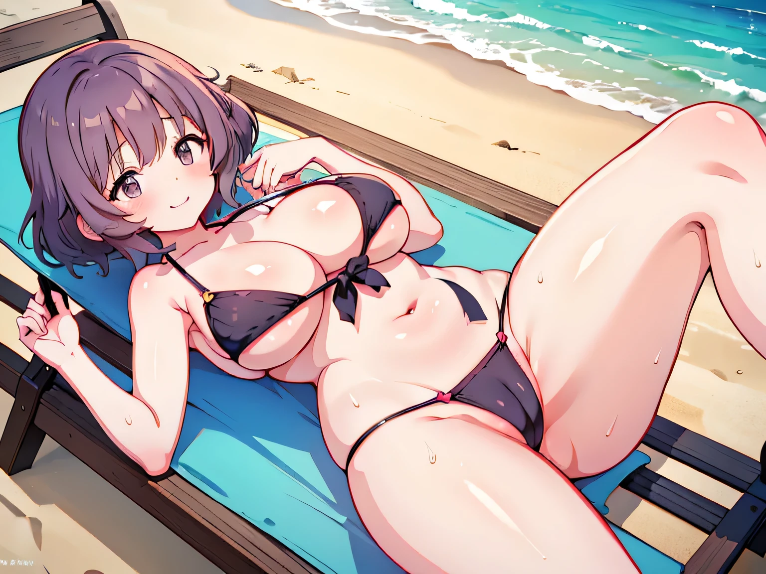 Erotic Anime Illustration、highest quality、Voluptuous gravure idol、Perfect proportions、bikini、Deck chair、Sandy Beach、smile、Big Breasts、Thick legs、Sweaty、Yuitsuki Yukari