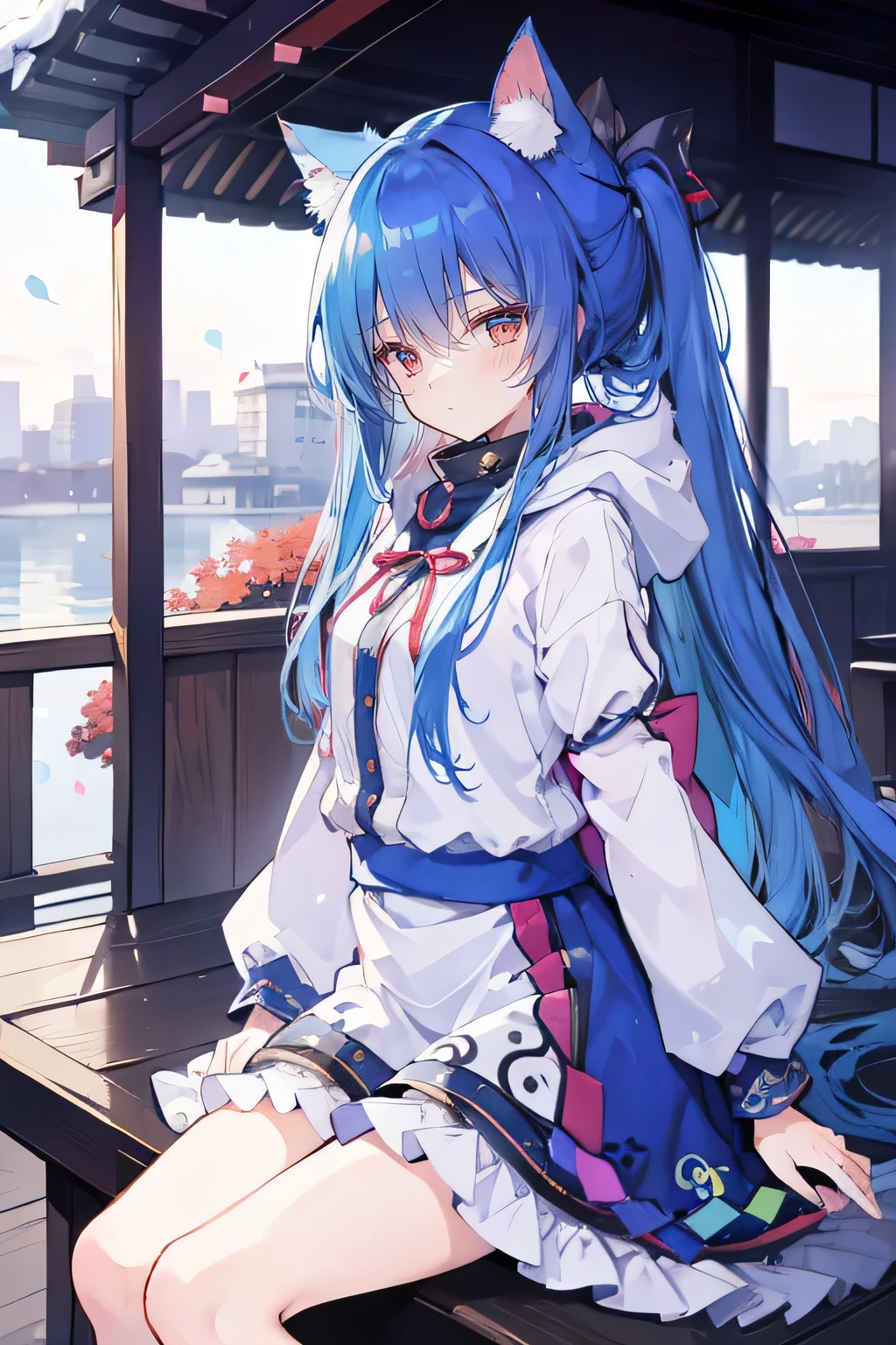 （masterpiece：1.2），Super detailed，lifelike，Expressive eyes，fair skin，perfect face shape，1 girl，
Japanese comics,Gorgeous blue hair,flowing blue hair,flowing clothes,Cat ears,Petals fall,beautiful lola,Baby Angel,
Shaking head with one hand，Cross your legs，Gentle and peaceful background，The pavilion is cool and comfortable,smile, wearing hoodie, background of tokyo,back views,snowing, winter.