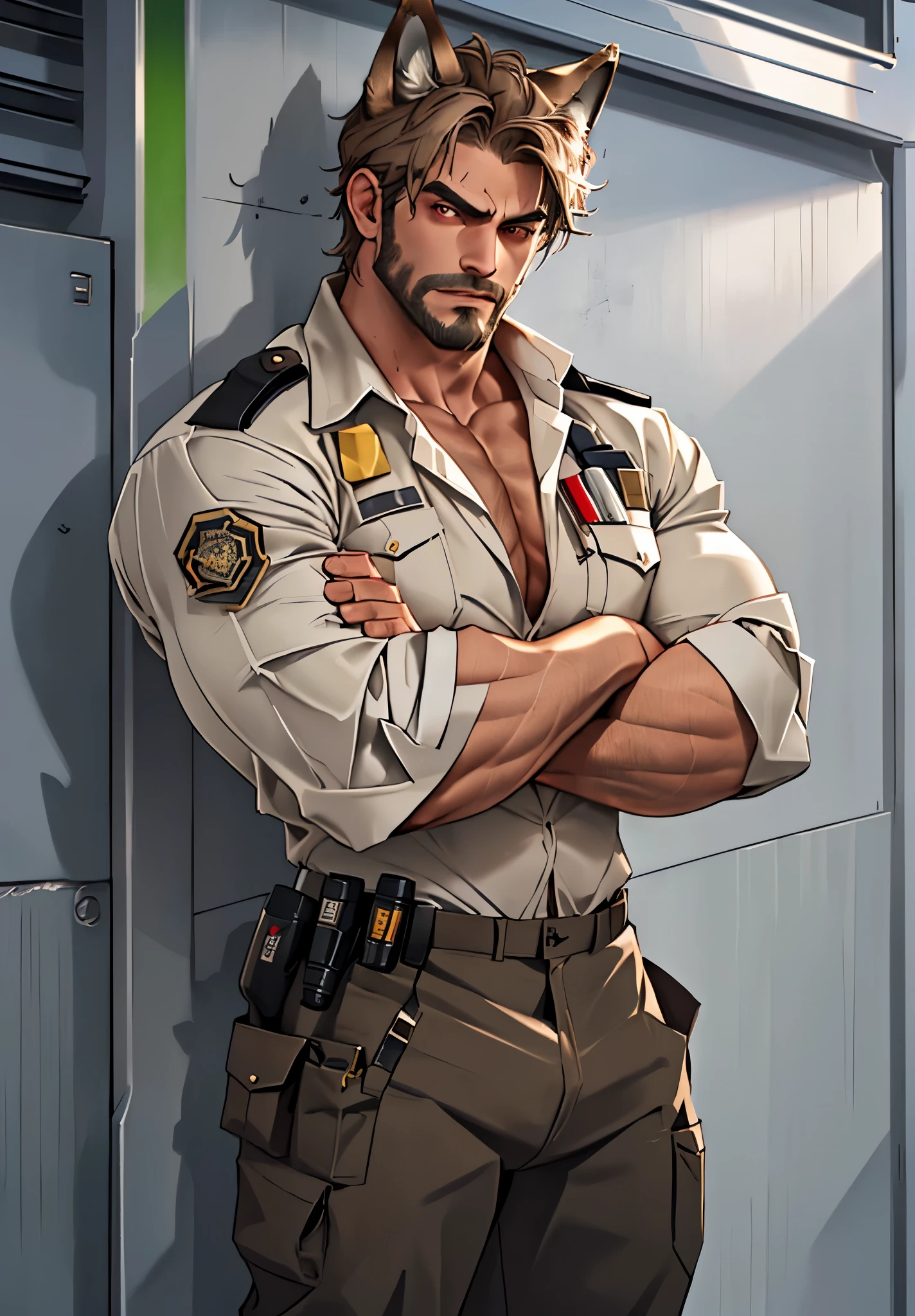 Close up, there is a man with wolf ears that is standing at police station , commission for high res, sfw version, bare chest, anthropomorphic, muscular chest, highly detailed full body, (sfw) safe for work, strong and imposing, detailed full body, muscular character, extra detailed body, macho pose, body detailed, (looking form beside), wet body, sweaty, short gray hair, beard, Ranger uniform, huge crotch, light brown Ranger, crossed arms pose, body hair, angry face, red eyes, standing in front of station. Khaki Pants, Police equipments.