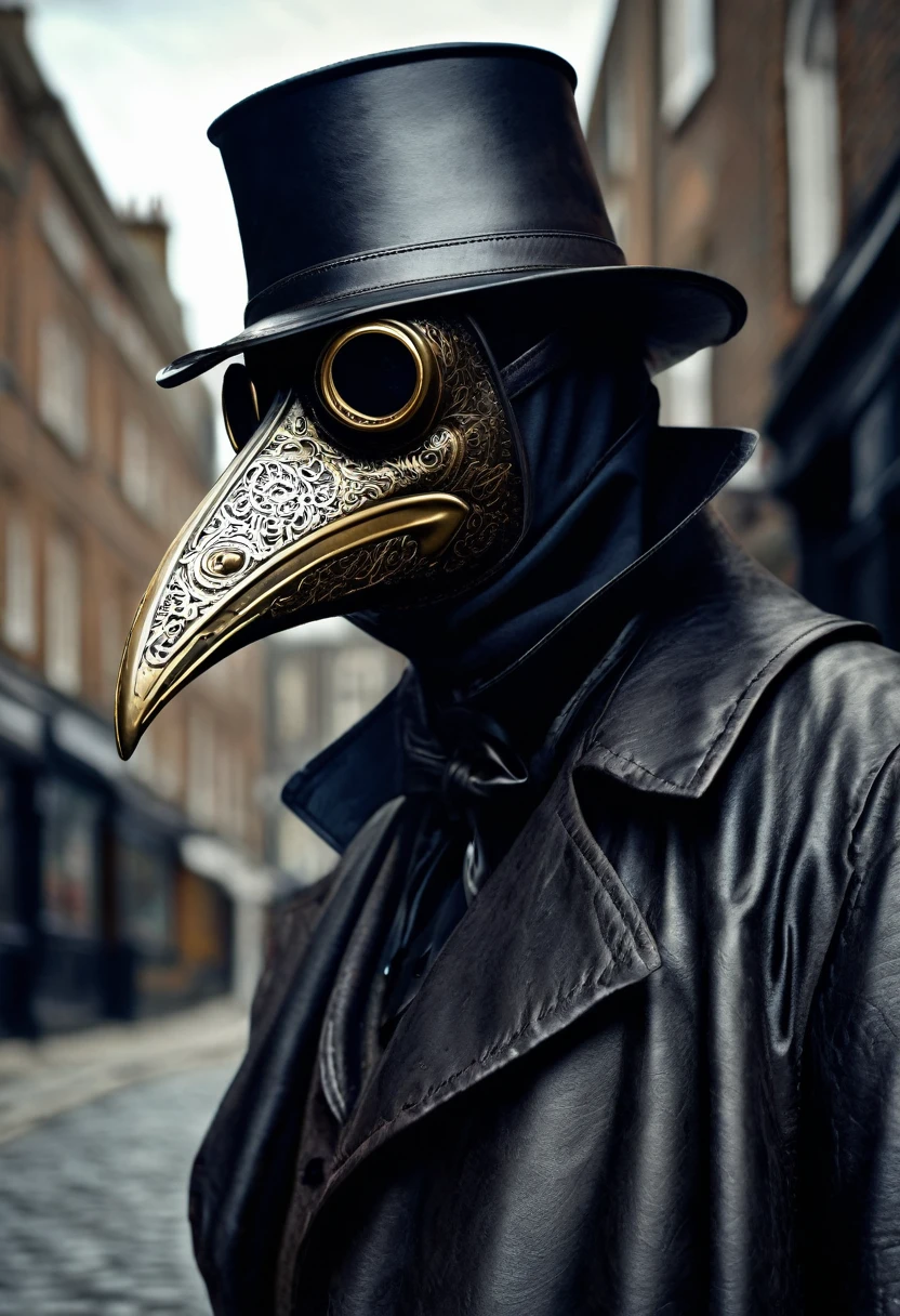 (best quality,4k,highres,masterpiece:1.2),ultra-detailed,(realistic,photorealistic,photo-realistic:1.37),intricate,victorian style,dark ambiance,HDR,plague doctor,old street of London,hyper detailed,better rendering of the plague doctor mask, leather dark mask