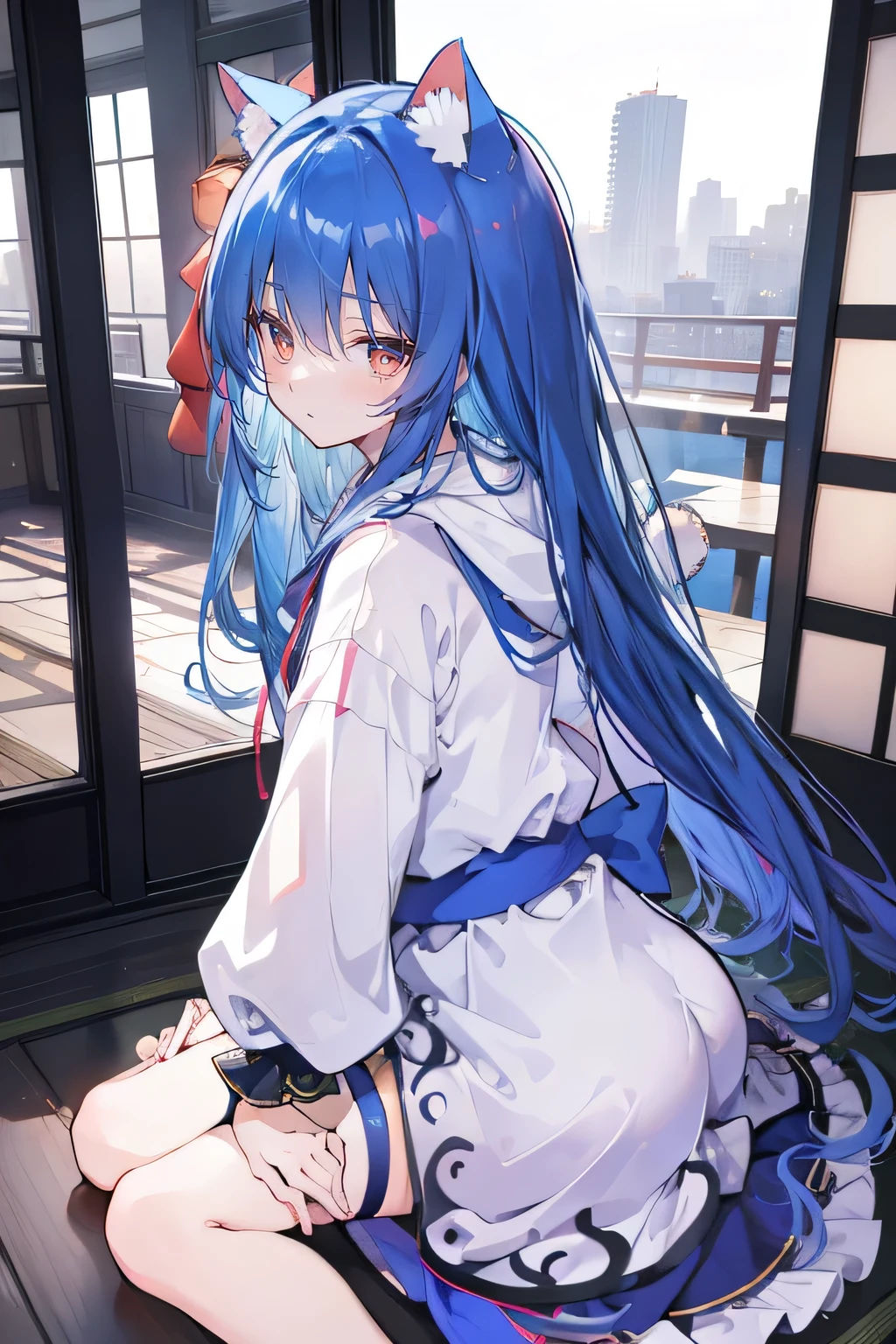 (masterpiece:1.2),Super detailed,lifelike,Expressive eyes,fair skin,perfect face shape,1 girl,
Japanese comics,Gorgeous blue hair,flowing blue hair,flowing clothes,Cat ears,Petals fall,beautiful lola,Baby Angel,
Shaking head with one hand,Cross your legs,Gentle and peaceful background,The pavilion is cool and comfortable,smile, wearing hoodie, background of tokyo,back views,snowing, winter.