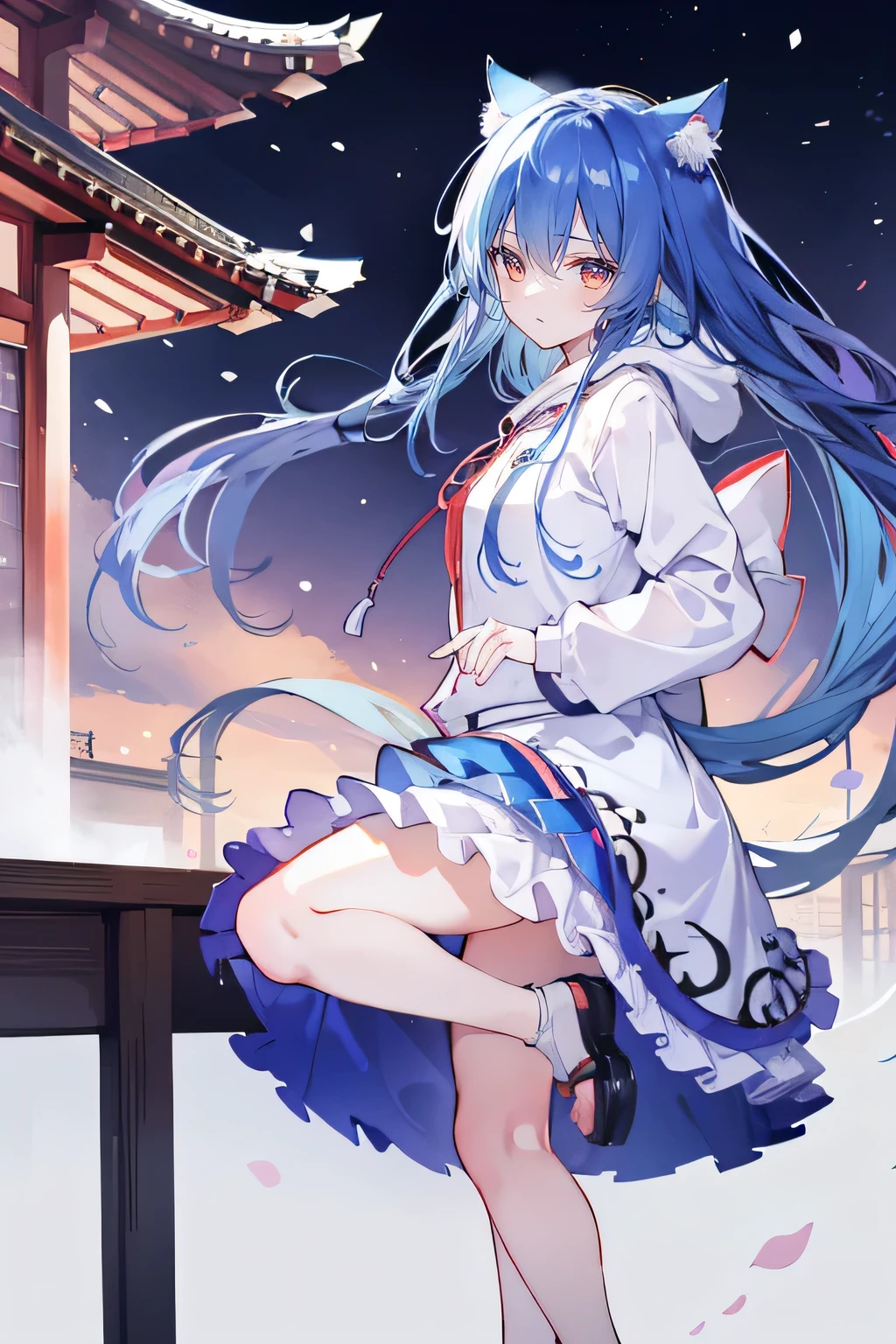 （masterpiece：1.2），Super detailed，lifelike，Expressive eyes，fair skin，perfect face shape，1 girl，
Japanese comics,Gorgeous blue hair,flowing blue hair,flowing clothes,Cat ears,Petals fall,beautiful lola,Baby Angel,
Shaking head with one hand，Cross your legs，Gentle and peaceful background，The pavilion is cool and comfortable,smile, wearing hoodie, background of tokyo,back views,snowing, winter.