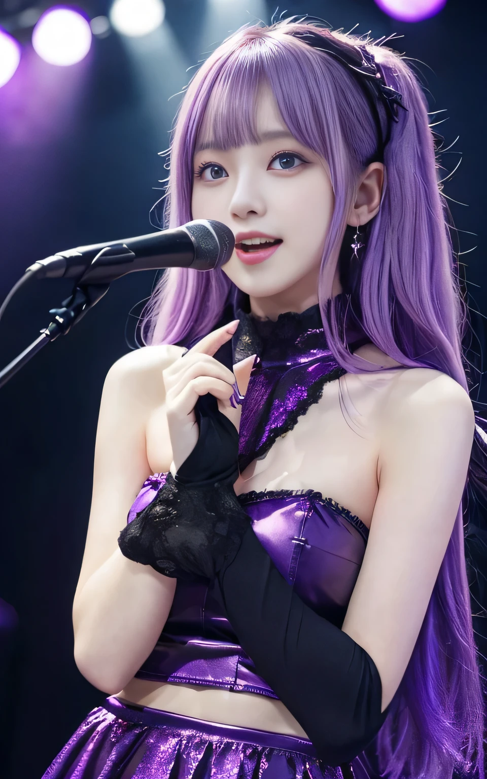 (highest quality, Tabletop:1.2), 1 female singer, 20 years old, Otherworldly fantasy,Shoulder strap,Sing alone, Light purple hair,Beautiful eyes in every detail),Upper Body,bangs,ear, Gorgeous deep purple outfit, Mysterious, Long Hair, blush, Displaying the viewer,Singing voice that captivates the audience