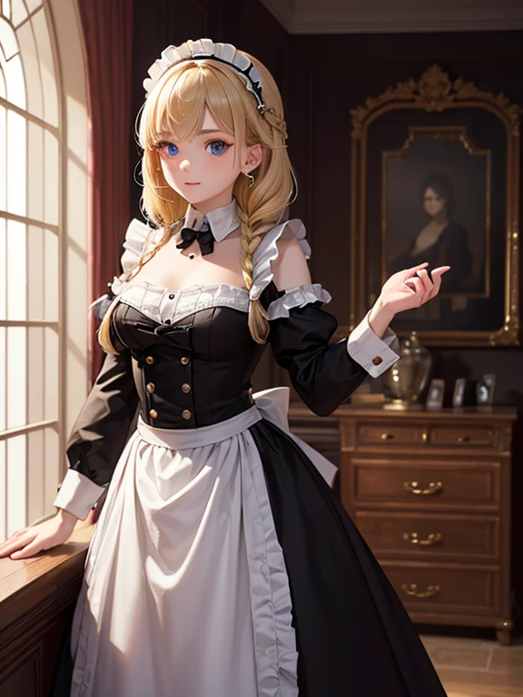 (8k, highest quality, Tabletop:1.2)、Ultra-high resolution, One -yeld gi Perfect Fingers, Detailed face, blue eyes, Blonde, Braid, Black maid outfit,  Inside the castle, Standing on the windowsill