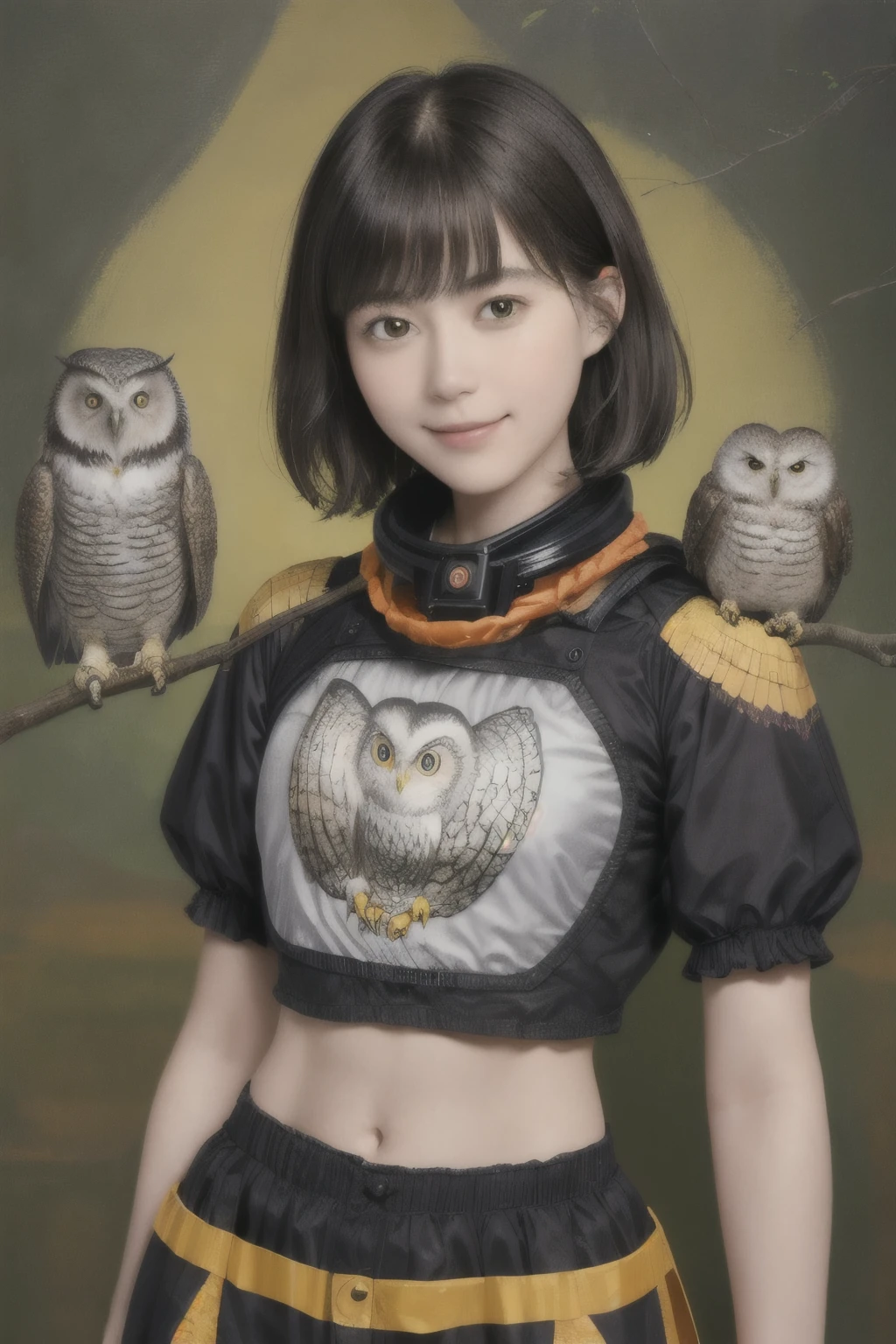 224 Short Hair, 20-year-old woman, A kind smile, (There are also colorful owls), (Rembrandt-style painting), ((machinery suit,Clothes with short sleeves)),I can see your abs