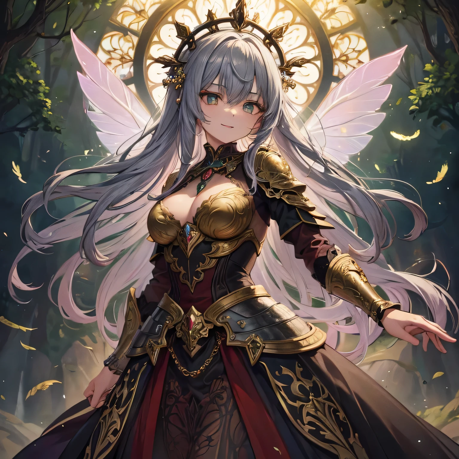 (best quality,4k,highres,masterpiece:1.2),vividly drawn fada vermelha,ornate patterns, intricate details,black armor,shimmering wings,detailed face,beautifully detailed hair,sparkling eyes,long eyelashes,smiling expression,fairy-like appearance,glowing aura,enchanted forest background,soft sunlight filtering through the trees,ethereal atmosphere, art nouveau style,rich colors and textures,lush green foliage,delicate flowers,subtle gradient of warm and cool tones,dappled light and shadows,dreamlike composition,hint of mystery and magic,impeccable craftsmanship,obsidian-like armor with intricate engravings,fine gold filigree and swirling patterns,embellished with precious gemstones,flowing gown with intricate lacework,floral motifs entwined with vines,on the armor and gown,elaborate headdress adorned with sparkling crystals and feathers,delicate and translucent wings with a iridescent glow appears as if made from stained glass,intertwined with delicate veins and shimmering specks of light,gracefully floating in mid-air,seemingly weightless,breathtaking beauty and elegance, alluring and mesmerizing.