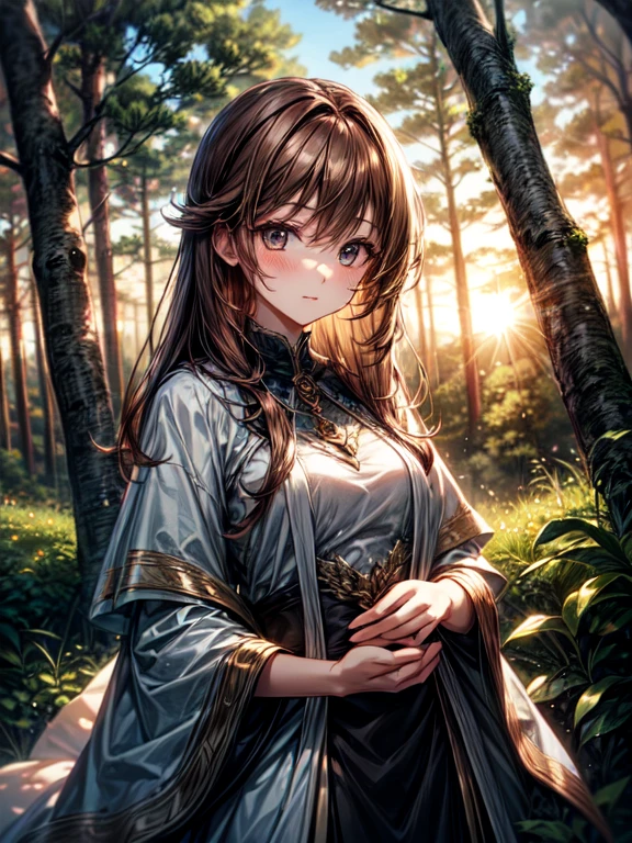 Beautiful mystical woman with brown hair, in a beautiful forest, enjoying the sunset  