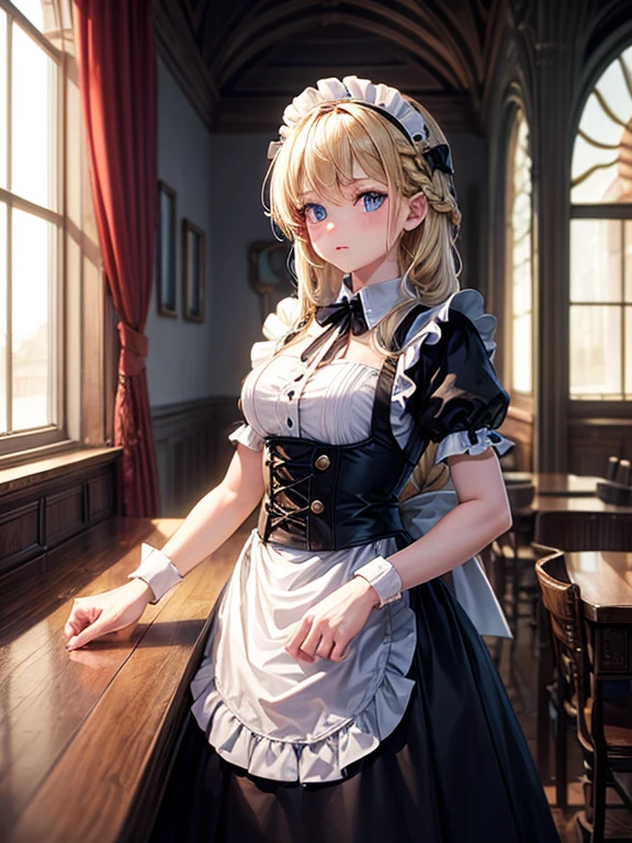 ((highest quality、High resolution、8K、masterpiece:1.3))、1 girl、unparalleled beauty、ultimate beauty、super detailed face、delicate eyes、smile、sexy look、Depth of the bounds written、light particles、side light、((blonde、maid、maid服、no panties))、(((expression of ecstasy、Looks embarrassed、Making sexual advances in a busy public place、invite to sex)))、perfect body、beautiful breasts、nipple、tits、Thighhighs、thighs、Love juice dripping from the pussy