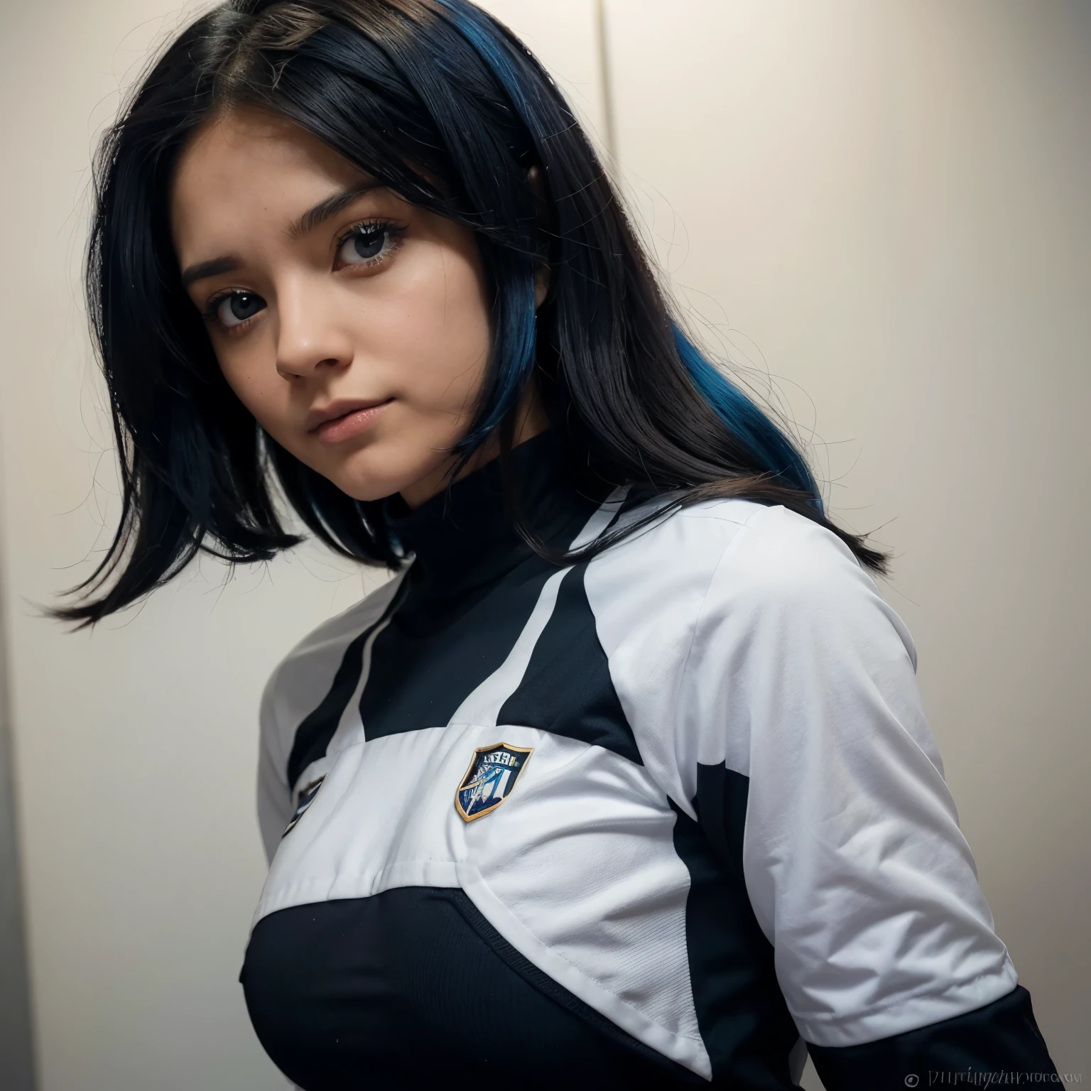 Es una chica con pelo negro largo mechas azules ojos azules caracter fuerte y con el uniforme de la UA my hero Academia y de color de piel blanca y una cicatriz en el ojo derechoa y tipo anime y estilo de boku no hero. 