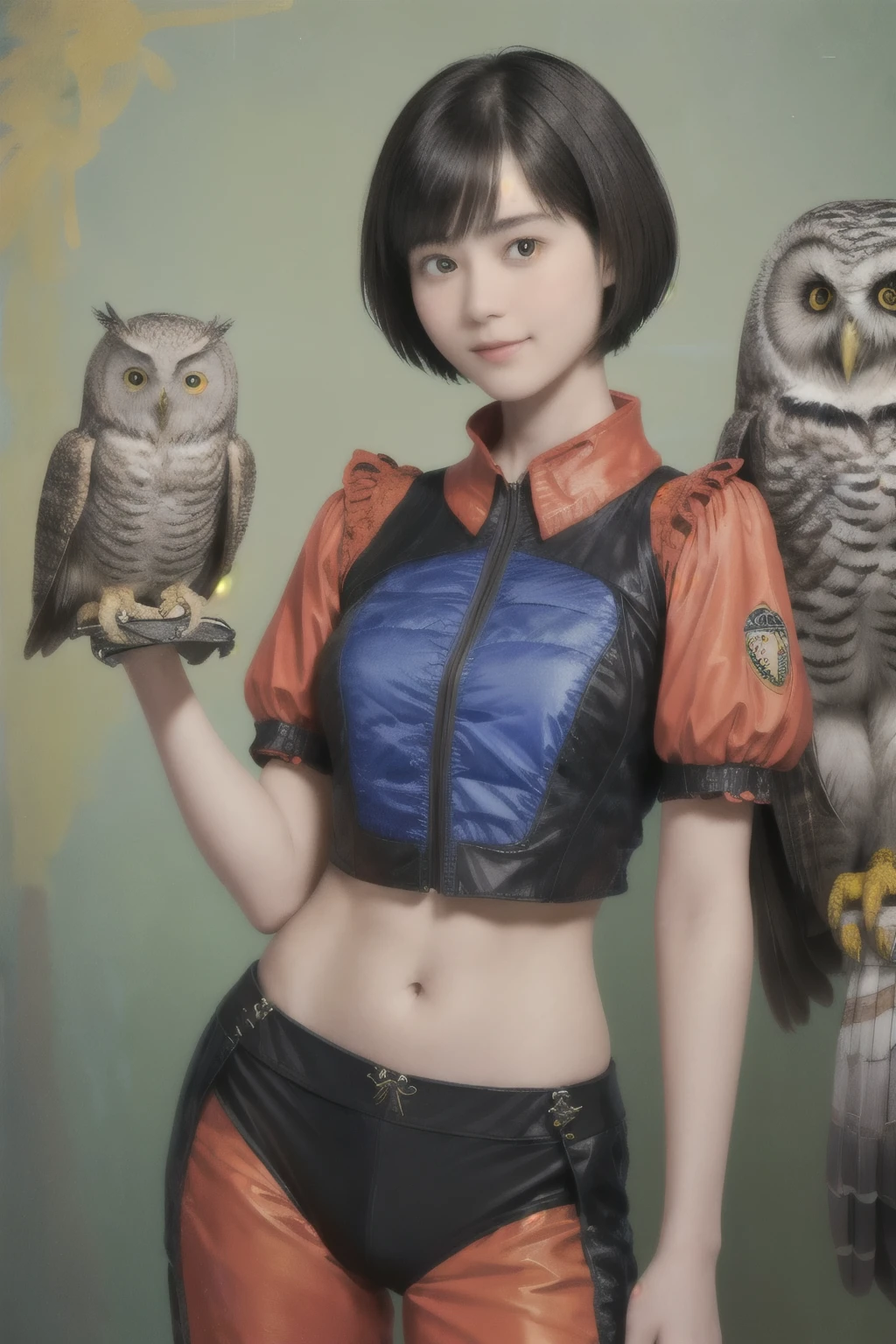 224 Short Hair, 20-year-old woman, A kind smile, (There are also colorful owls), (Rembrandt-style painting), ((machinery suit,Clothes with short sleeves)),I can see your abs