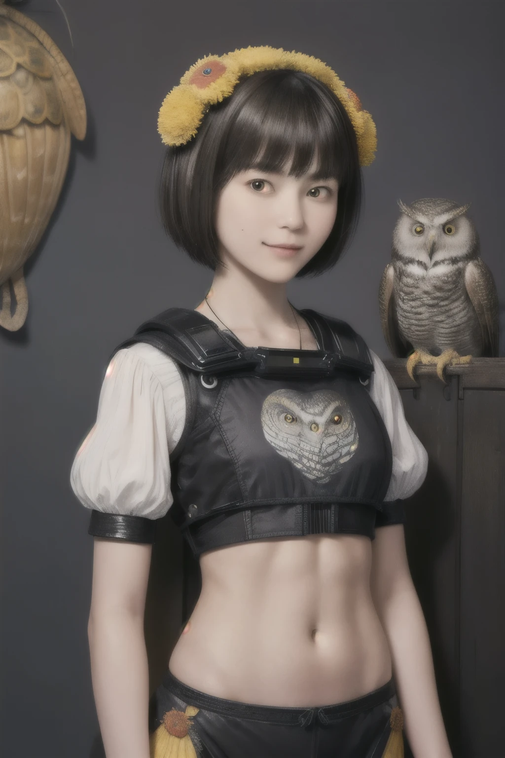 224 Short Hair, 20-year-old woman, A kind smile, (There are also colorful owls), (Rembrandt-style painting), ((machinery suit,Clothes with short sleeves)),I can see your abs