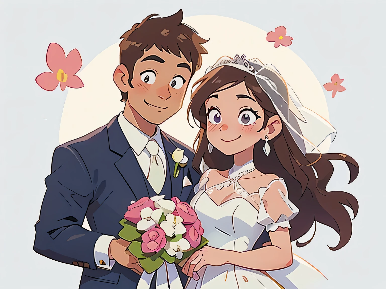 Bride and groom holding a bouquet of flowers,The boy is on the right, The girl is on the left, lovely couple, happy couple, Bride and groom, couple pose, Flowers in hand, , cartoon style illustration, couples portrait, couple portrait, cartoon style, wedding, Cartoon art style, hand painted Cartoon art style, smiling couple, Official Fanart, couple, High-quality fanart, wedding photo, There are flowers, no background, White background