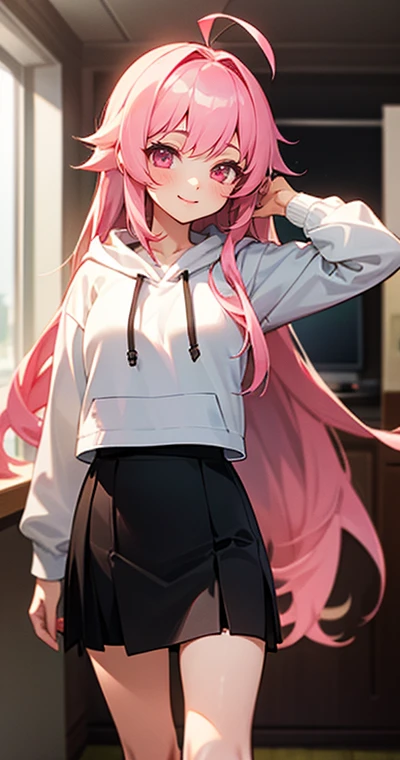1 girl, game CG,white hoodie, BLACK skirt, pink hair, long hair, straight hair, Princess hairstyle, Ahoge, pink eyes, indoors,white long knee socks,Smile,