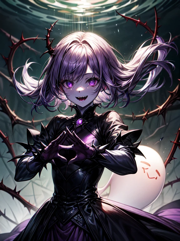 ghost, (monster girl), purple skin, thorns, spiky purple hair, caught laughter, floating hands, dressed in a dark purple dress, floating in the air, masterpiece, Best quality