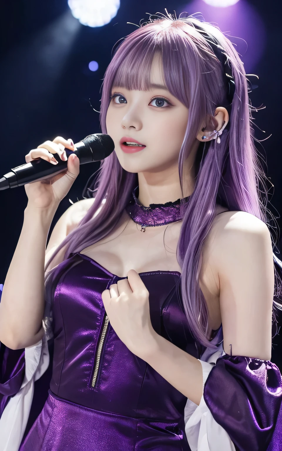 (highest quality, Tabletop:1.2), 1 female singer, 20 years old, Otherworldly fantasy,Shoulder strap,Sing alone, Light purple hair,Beautiful eyes in every detail),Upper Body,bangs,ear, Gorgeous deep purple outfit, Mysterious, Long Hair, blush, Displaying the viewer,Singing voice that captivates the audience