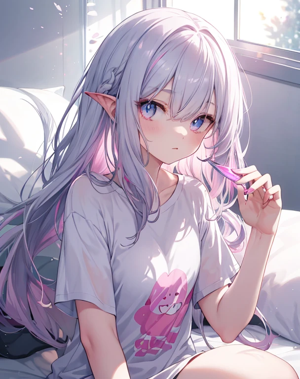Highest quality、Ultra-high resolution、fae, a fairy in human form、((Delicate, transparent wings on its back))、Long straight hair with a center part、Pink Hair、Big pink eyes、Round Glasses、White flower hair ornament、Pale pink dress、Puff sleeve design and knee-length skirt、Over the knee socks、Sit on the bed、Slim figure、Plump breasts、Elf Ears、Embarrassed look、Photorealism、Low angle shot:1.5、(M-shaped foot:1.4)、((Showing her panties:1.5))、Right hand touches chest、left hand touches panties、((Hidden camera depiction))、Sexy look、((pink silk panties))、((Panties close up:1.4))、detailed、(PurerosFace_v1:0.008)、eyeliner、cheek、Embarrassing、shine、Glossy lips:1.4、impatience、fear、Shiny、Panty Appeal、Panty Up:1.3、blush、Are crying、Crying face、Open your knees、Spread your legs、Disheveled clothes、Change of clothes、Bedroom、Anatomically accurate human body、Perfect Arms、Perfect hands、Perfect Fingers、Perfect Legs、Accurate human body、High quality digital art、Happy,Happy,Jump,Highest,smile,girl,cute
