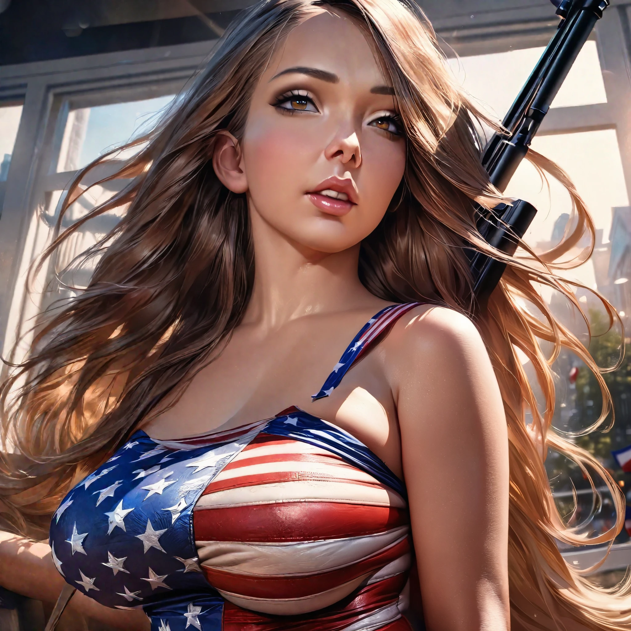 (best quality,4k,8k,highres,masterpiece:1.2),ultra-detailed,(realistic,photorealistic,photo-realistic:1.37),HDR,UHD,studio lighting,professional,vivid colors,bokeh,portraits,A cute woman dressed in a sexy American flag marches towards the white house, she is carrying a rifle,beautiful detailed eyes,beautiful detailed lips,extremely detailed eyes and face,long eyelashes,confident expression,flowing long hair,fierce look,American flag dress with vibrant colors,fitting perfectly to her curves,fitted bodice and flowing skirt,seductive stance,striking high heels,American flag rifle she holds with pride,marching with determination,city view with the white house in the background,sunny day with clear blue sky,sunlight illuminating her figure,soft shadows creating depth in her features