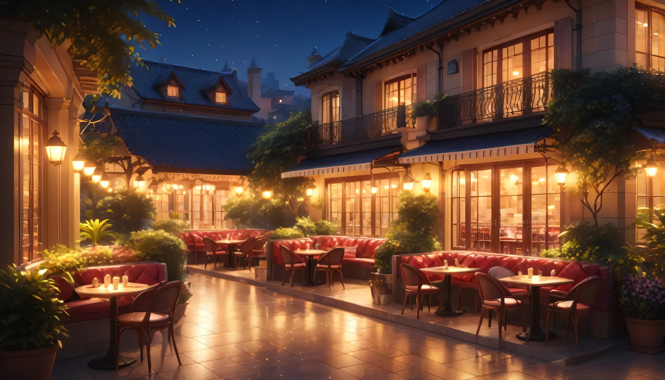 night.night.night view.A comfortable and relaxing resort...A luxurious and noble mansion.High resolution terrace cafe table and chairs for garden terrace.A modern and beautiful city with distant views is a famous holiday destination.Great environment, Optimistic Matt, Beautiful digital art, Cozy cafe, beautiful and detailed scene,  Relaxation concept art, 8k high quality detailed art, Highly detailed digital art in 4K, Very detailedなシーン(night view.Warm Light)(highest quality,4K,8k,High resolution,masterpiece:1.2),Very detailed,(Actual,photoActual,photo-Actual:1.37),Bokeh Background, 