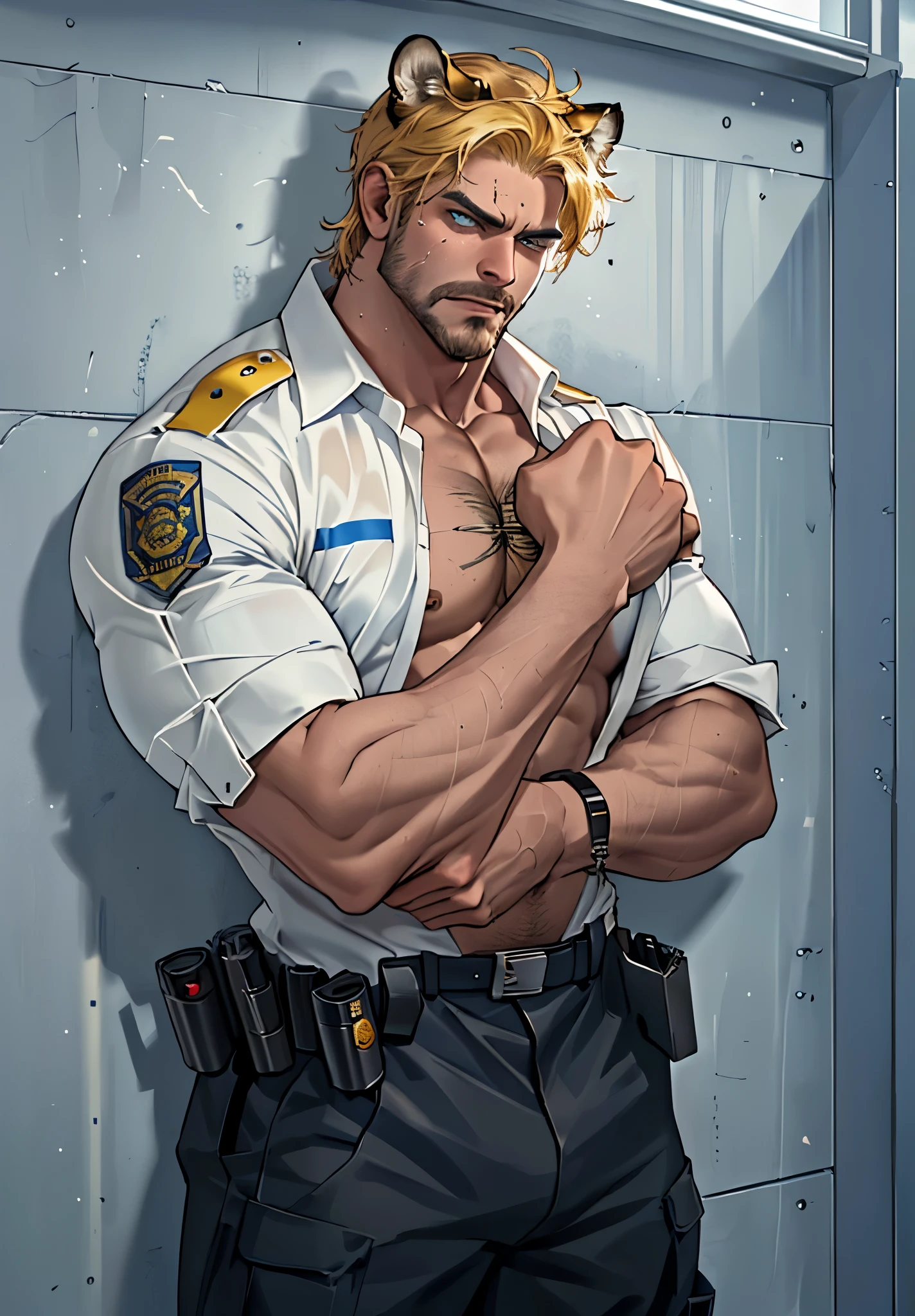 Close up, there is a man with Tiger ears that is standing in front of the prison. commission for high res, sfw version, bare chest, anthropomorphic, muscular chest, highly detailed full body, (sfw) safe for work, strong and imposing, detailed full body, muscular character, extra detailed body, macho pose, body detailed, (looking form beside), wet body, sweaty, short yellow hair, yellow beard, white Police uniform, many body hair, huge crotch, Police equipment, holding handcuff, body hair, angry face, Blue eyes, handcuff, in front of the prison, prison room, white shirt.